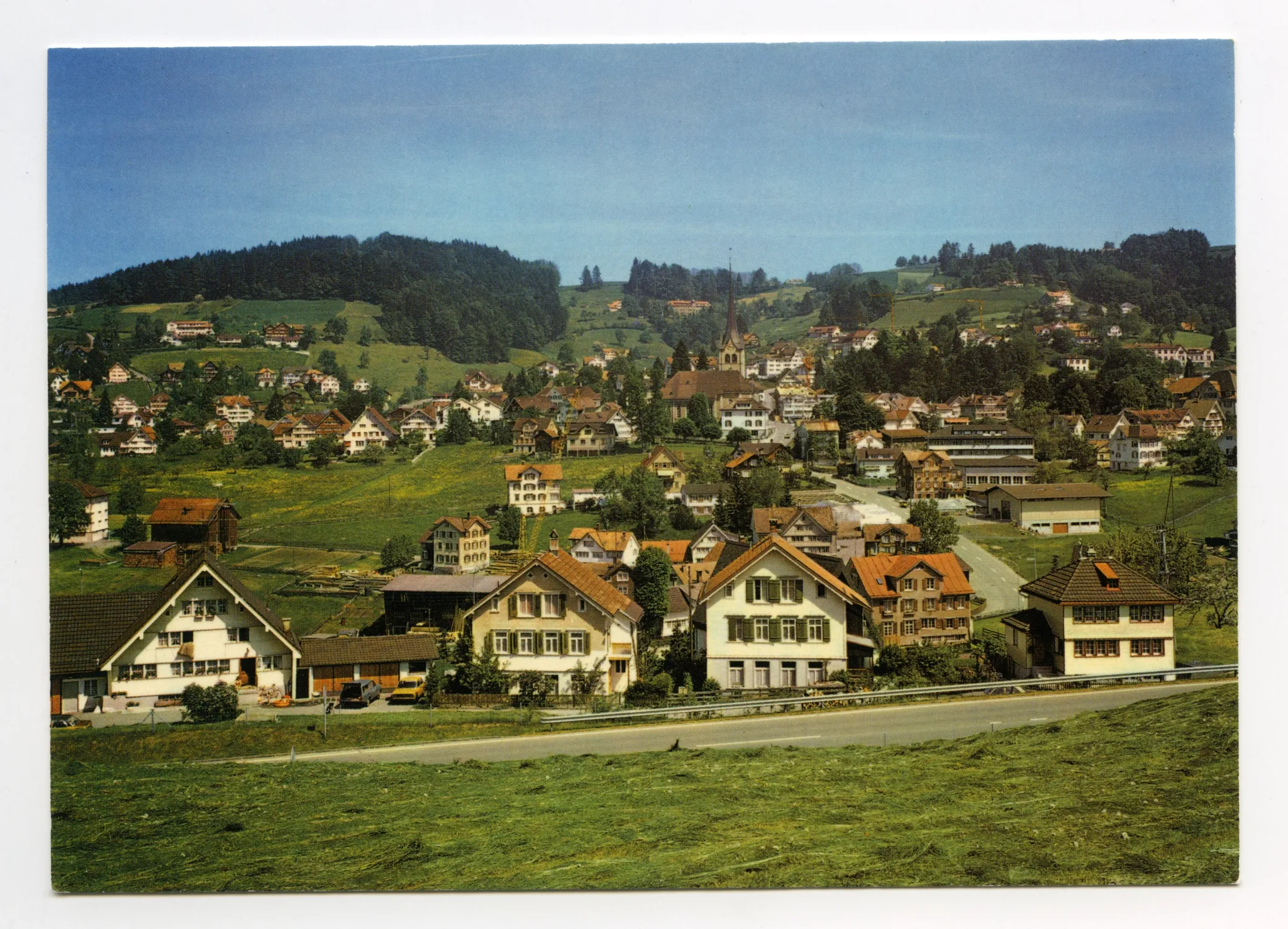 im Vordergrund Haslenstrasse, Schönenbüel, Bächli, mit Fernblick, Bad Sonder, Krankenhaus/Bahnhof (am re. Rand), Blick zur Schäflisegg