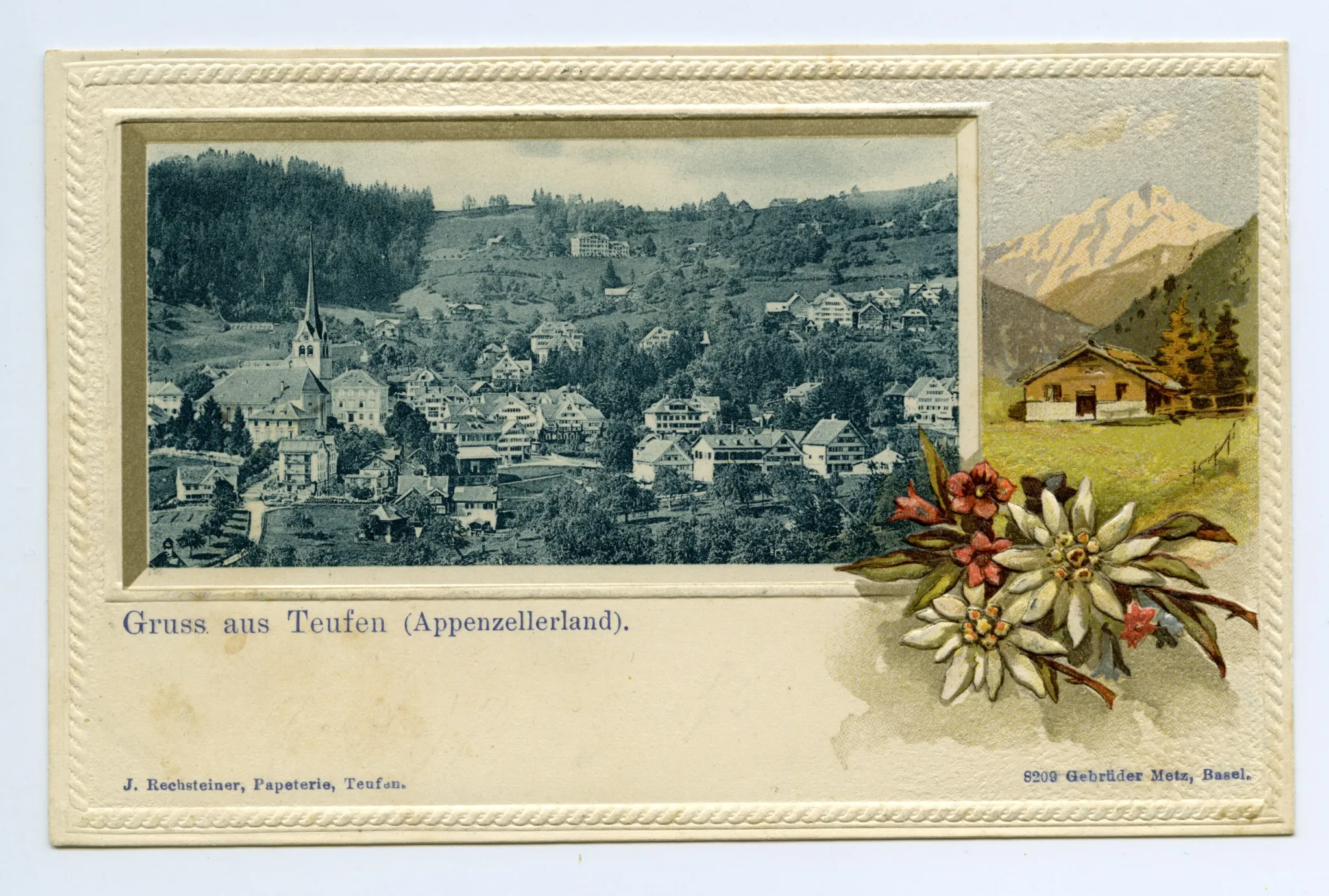 Blick zu Bad Sonder, Schäflisegg (kleines Bild); dazu Reliefbild, mit Edelweiss u.a.Alpenblumen, Chalet, Schneeberg