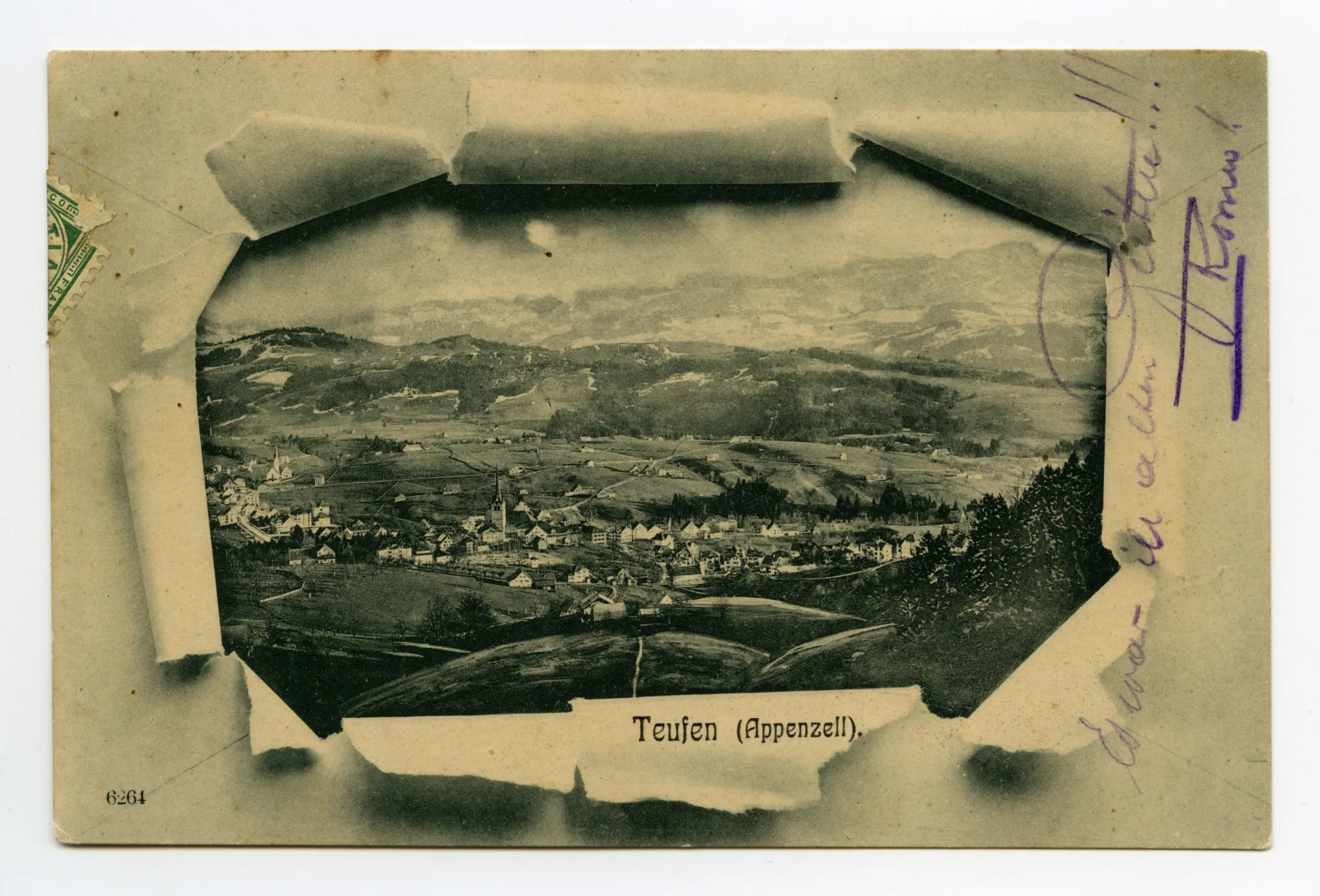 (Grafik: Foto quasi hinter „aufgerissenem“ Passe-partout“), mit beiden Dorfkirchen (Säntis manipuliert)