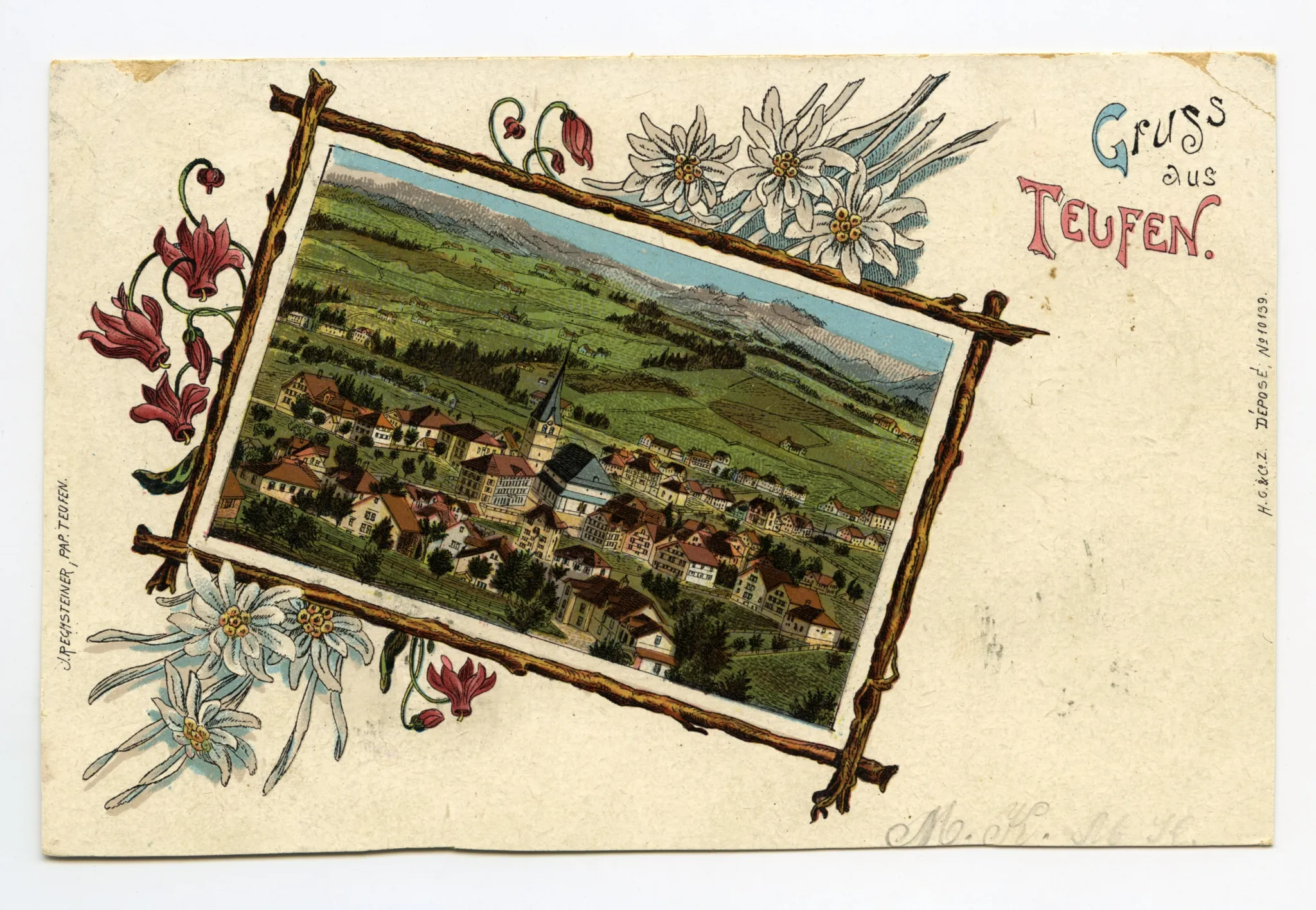 mit Ebni, Zeughaus (z.T.); kleines Bild (Vignette), umrahmt von Holzstecken, mit Edelweiss und anderen Blumen