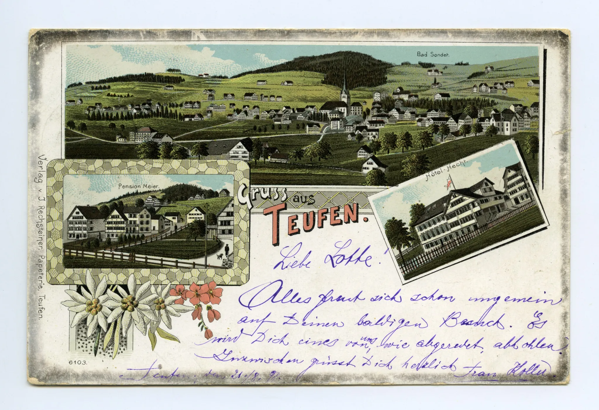mit Bad Sonder; Hotel Hecht; Pension Meier, verziert mit Edelweiss u.a. Blumen (vgl. Hc.13-01)