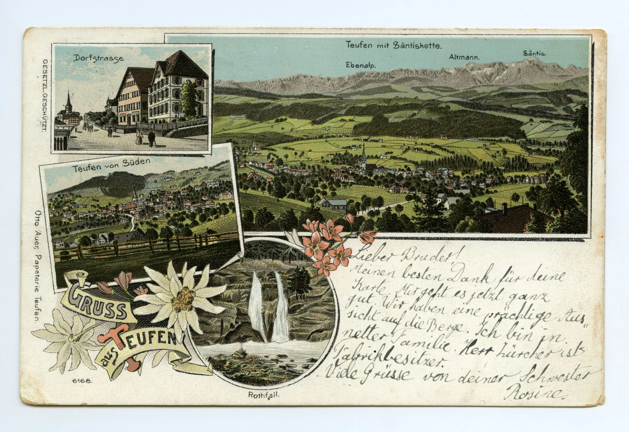 mit Grubenmannkirche, von links oben im Uhrzeigersinn: Dorfstrasse von Osten mit Grubenmannkirche; Dorfansicht von Norden mit Alpstein; Höch Fall; Dorfzentrum von Südosten; verziert mit Edelweiss u.a. Blumen (vgl. Hc.13-02)