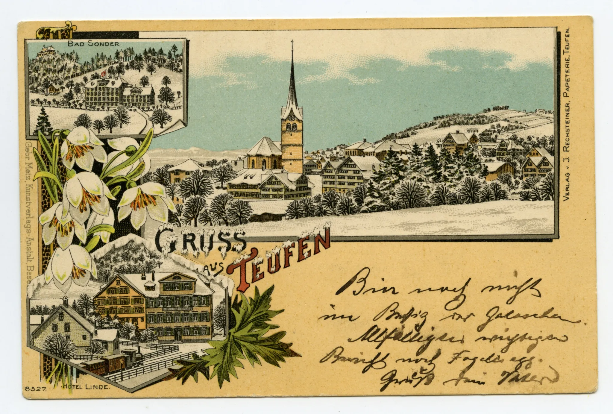Von links oben im Uhrzeigersinn: Bad Sonder; Dorfzentrum von Osten; Hotel Linde mit Dampfkomposition SGA, Winter