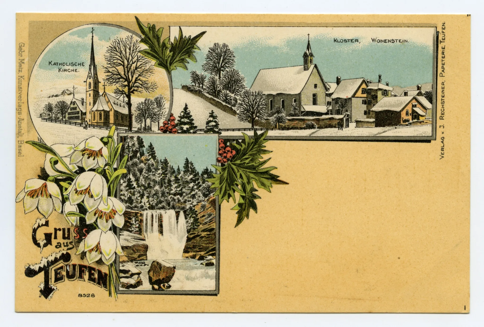 Von links oben im Uhrzeigersinn: Alte Kath. Kirche; Kloster Wonnenstein; Höch Fall (Winter)