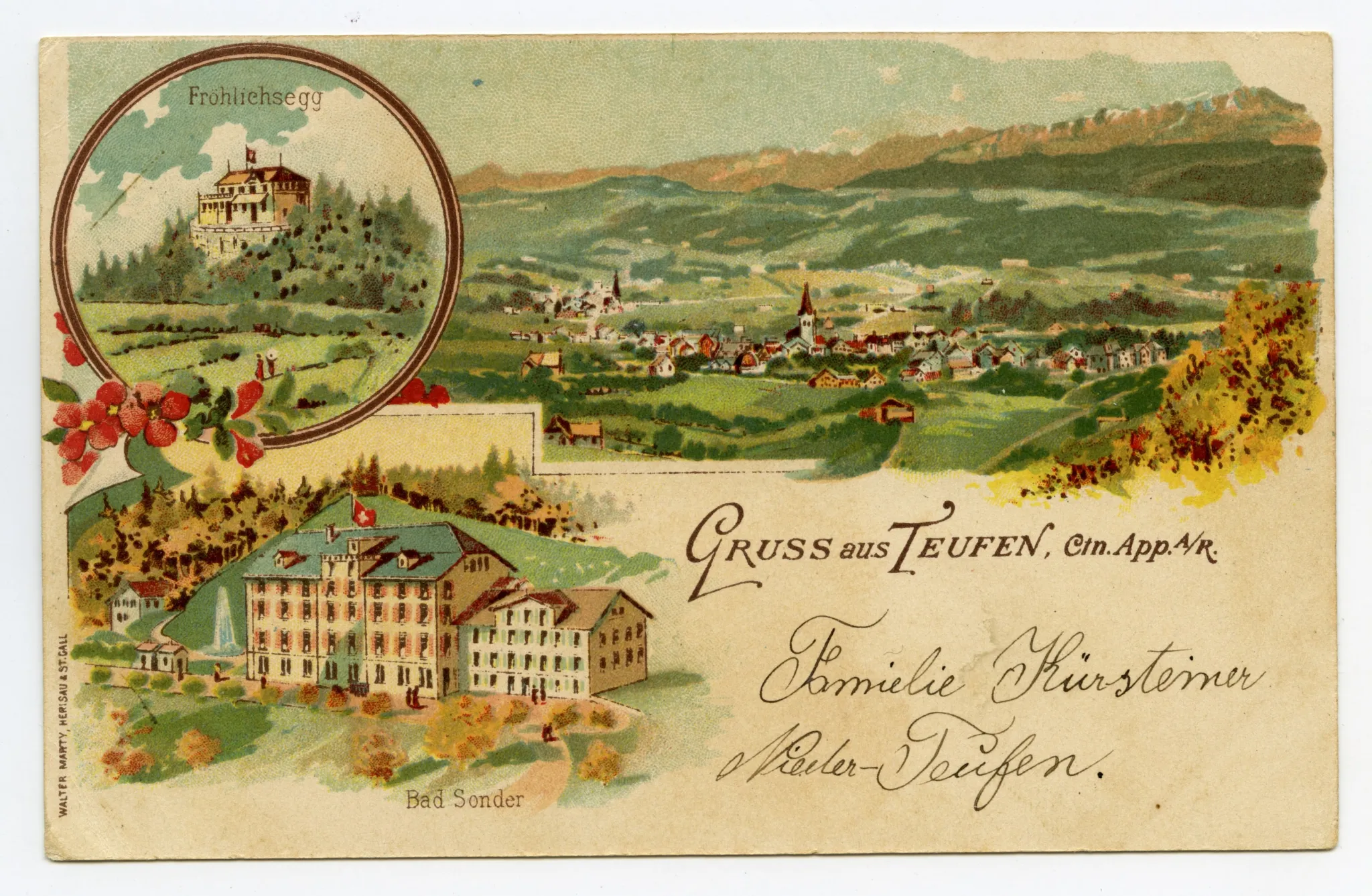 Von links oben im Uhrzeigersinn: Gasthaus Frölichsegg; Dorfansicht von Nordosten, mit Alpstein; Bad Sonder (vgl. Hc.08-12)