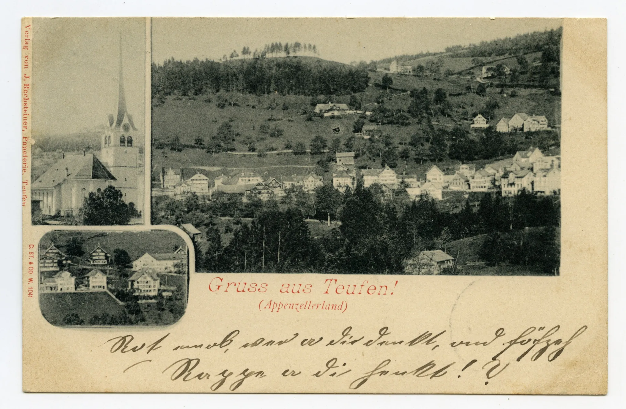 Von links oben im Uhrzeigersinn: Grubenmannkirche von Osten; Dorfquartier von Süden (Stofel und Frohe Aussicht?); Dorfszene mit acht Häusern (wo??)