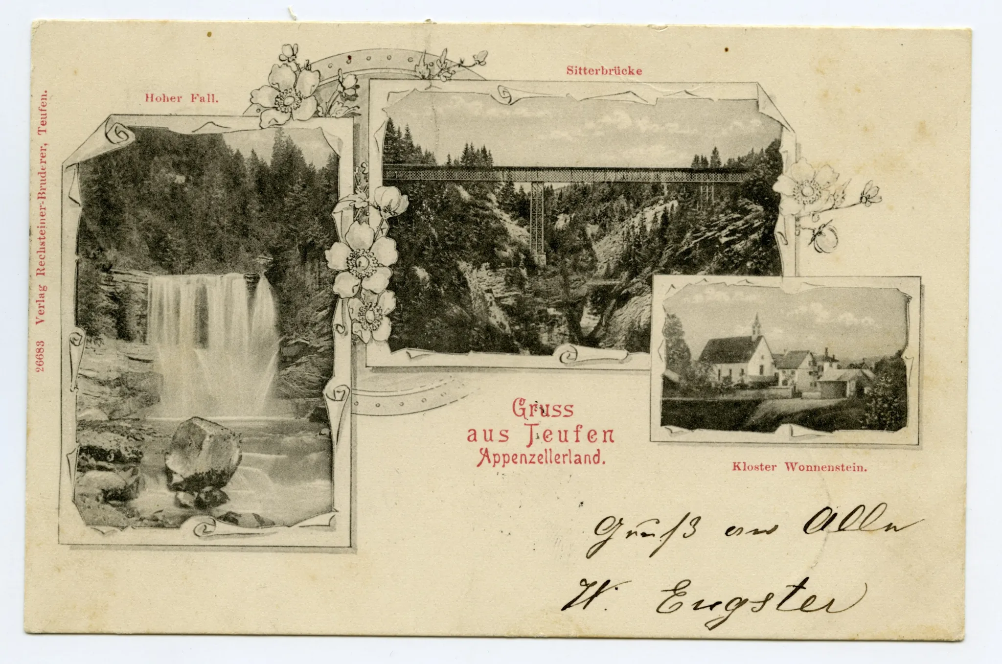 Von links oben im Uhrzeigersinn: Sitterbrücke; Kloster Wonnenstein; Höch Fall; umrahmt mit Blumen