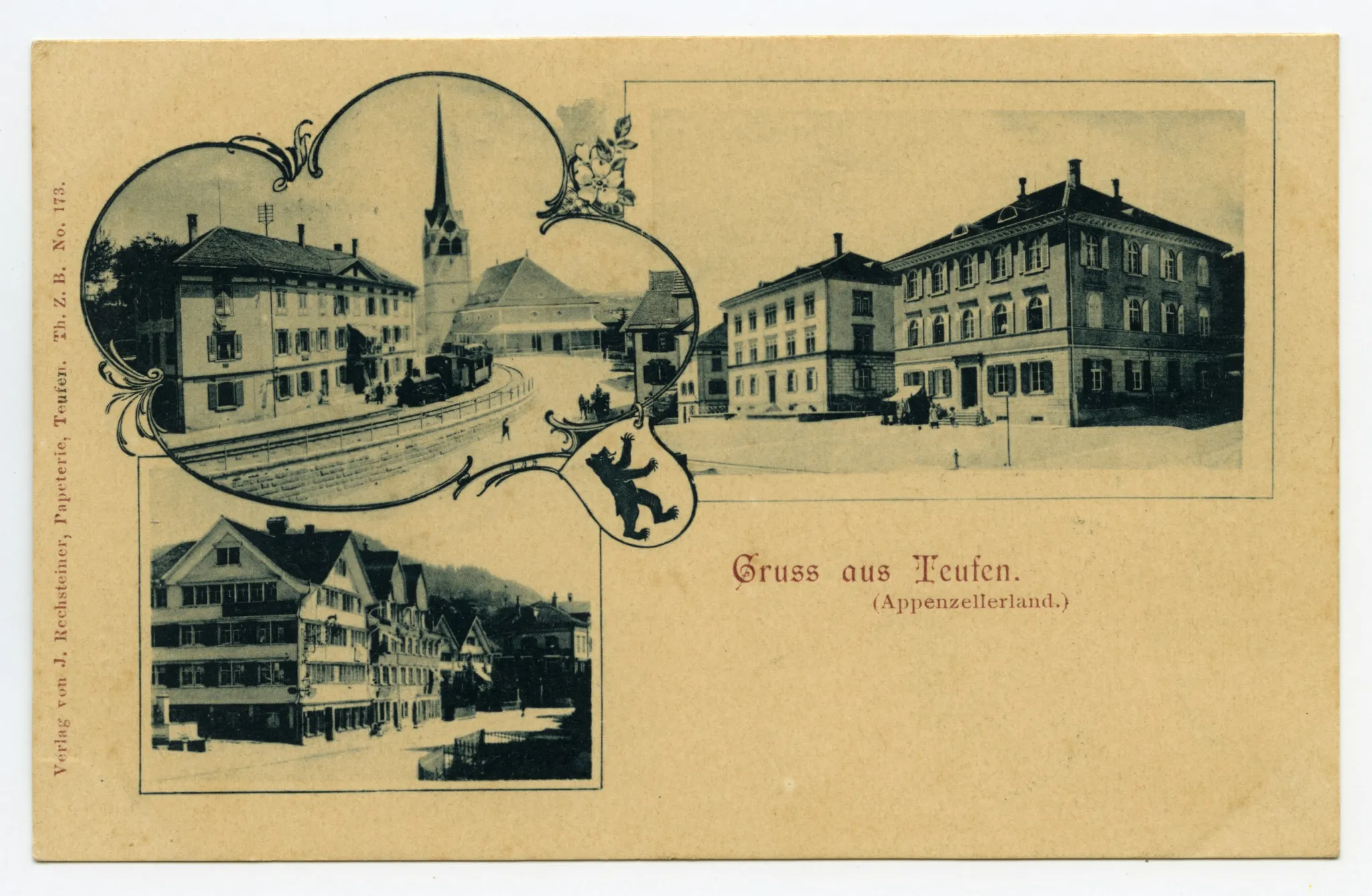 Von links oben im Uhrzeigersinn: Dorfplatz von Westen, mit altem Bahnhof und SGA-Dampfzug, Grubenmannkirche; Schulhaus u. Gemeindehaus Dorfplatz von Osten; Dorfstrasse mit Gasthaus Adler von Westen; verziert mit Bären-Wappen und Blumen