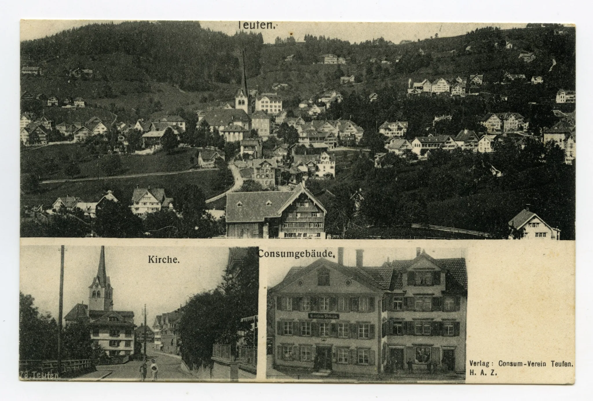 Von links oben im Uhrzeigersinn: Dorfzentrum von Südosten; Konsumgebäude; Dorfzentrum von Osten, mit Grubenmannkirche (vgl. Hc.13-12)