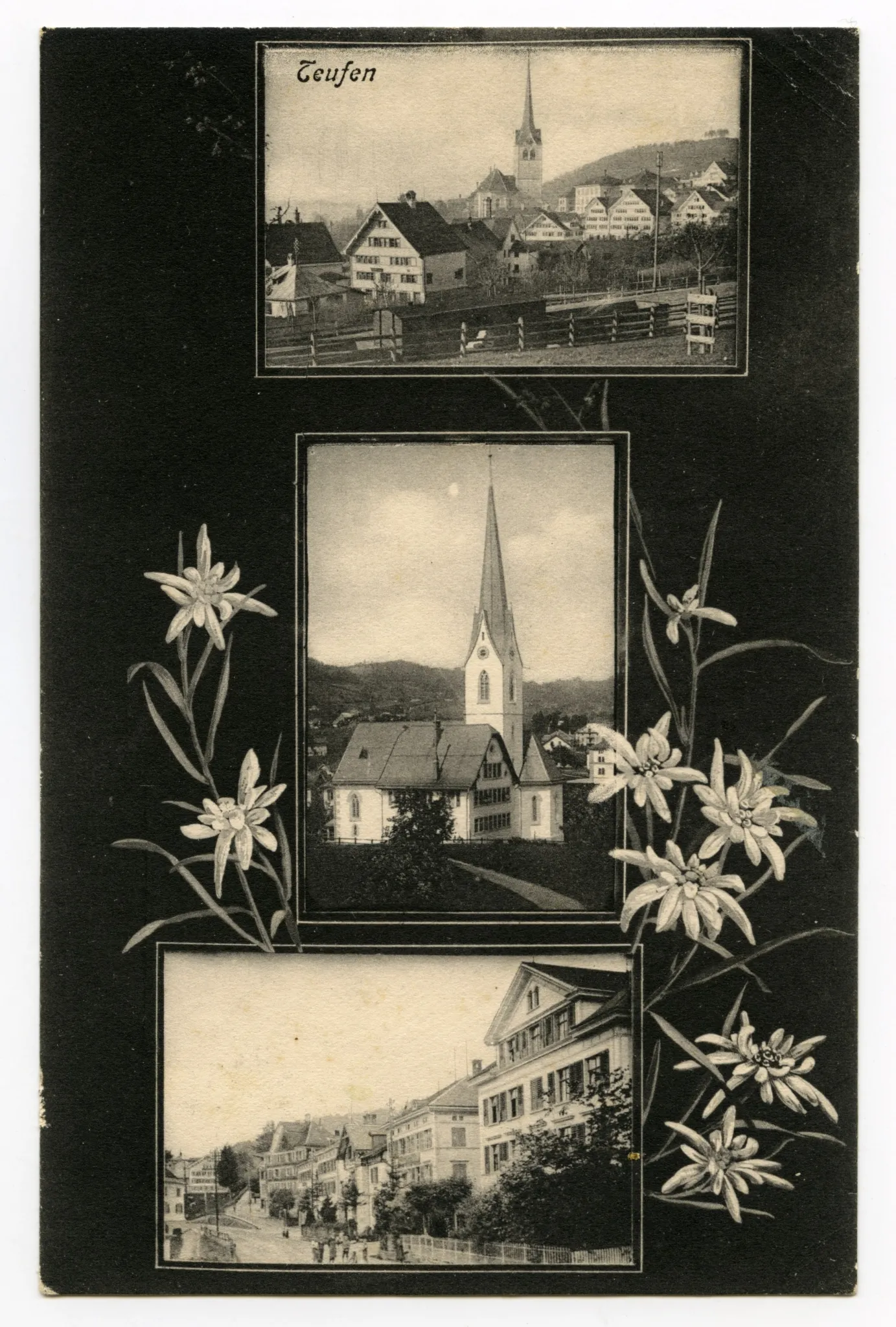 Von oben nach unten: Dorfzentrum von Osten; alte Kath. Kirche; Hauptstrasse zwischen Schützengarten und Abzweigung Unterrainstrasse, im Vordergrund posieren Kinder; umrahmt von Edelweiss-Ranken, alles auf schwarzem Untergrund (vgl. Ho.06-024, untere beiden Fotos sind identisch)