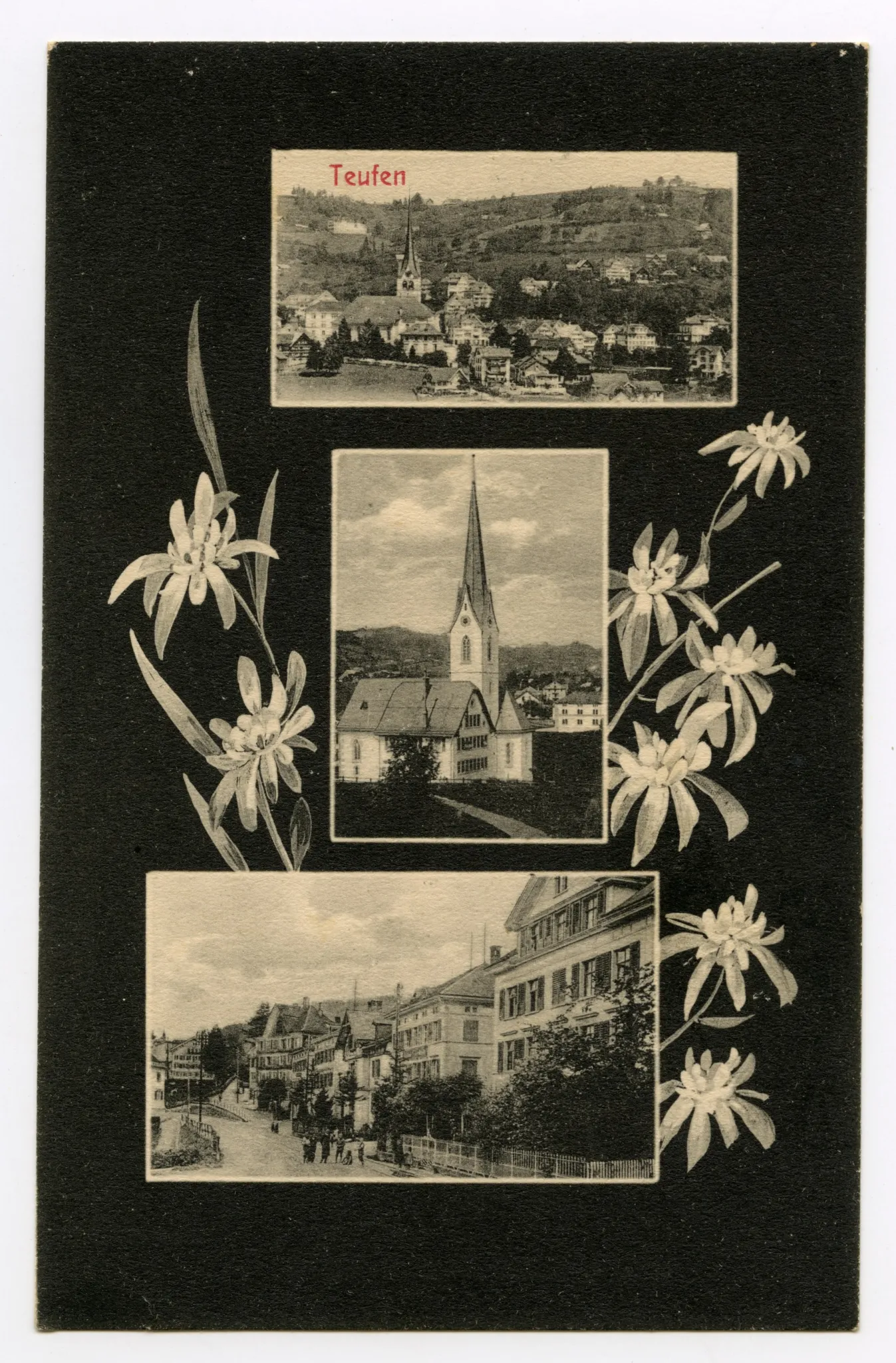 Von oben nach unten: Dorfzentrum von Süden, mit Bad Sonder, Schäflis- und Hüslersegg; alte Kath. Kirche; Hauptstrasse zwischen Schützengarten und Abzweigung Unterrainstrasse, im Vordergrund posieren Kinder; umrahmt von Edelweiss-Ranken, alles auf schwarzem Untergrund (vgl. Ho.06-023, untere beiden Fotos sind identisch)