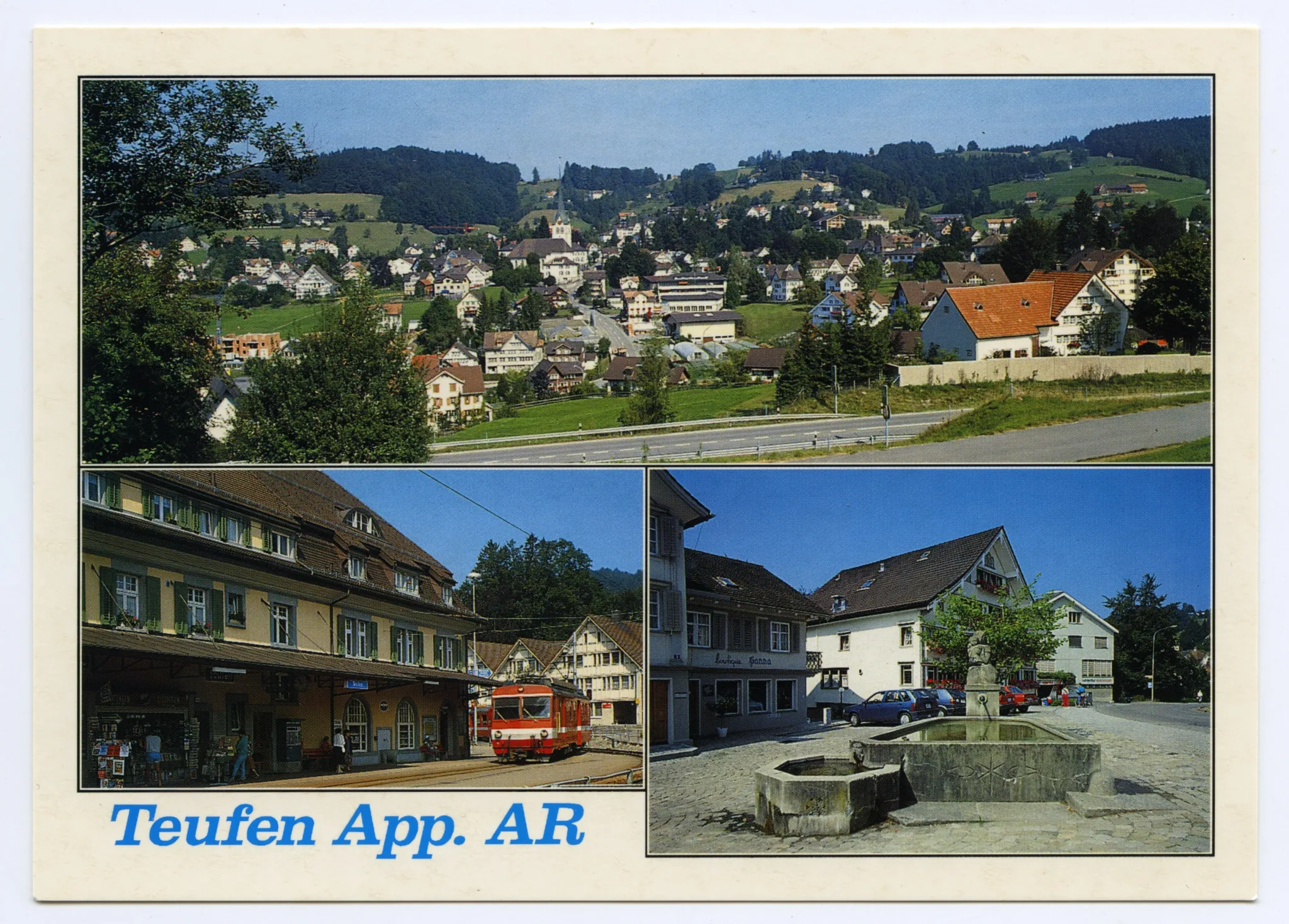 Von links oben im Uhrzeigersinn: Dorfzentrum von Süden, mit Umfahrung und Schönenbüel (z.T.); Dorfplatz, Dorfbrunnen mit ehem. Hotel Bahnhof (halb verdeckt); Bahnhof, einfahrende SGA / AB-Komposition (rot-weiss), Post