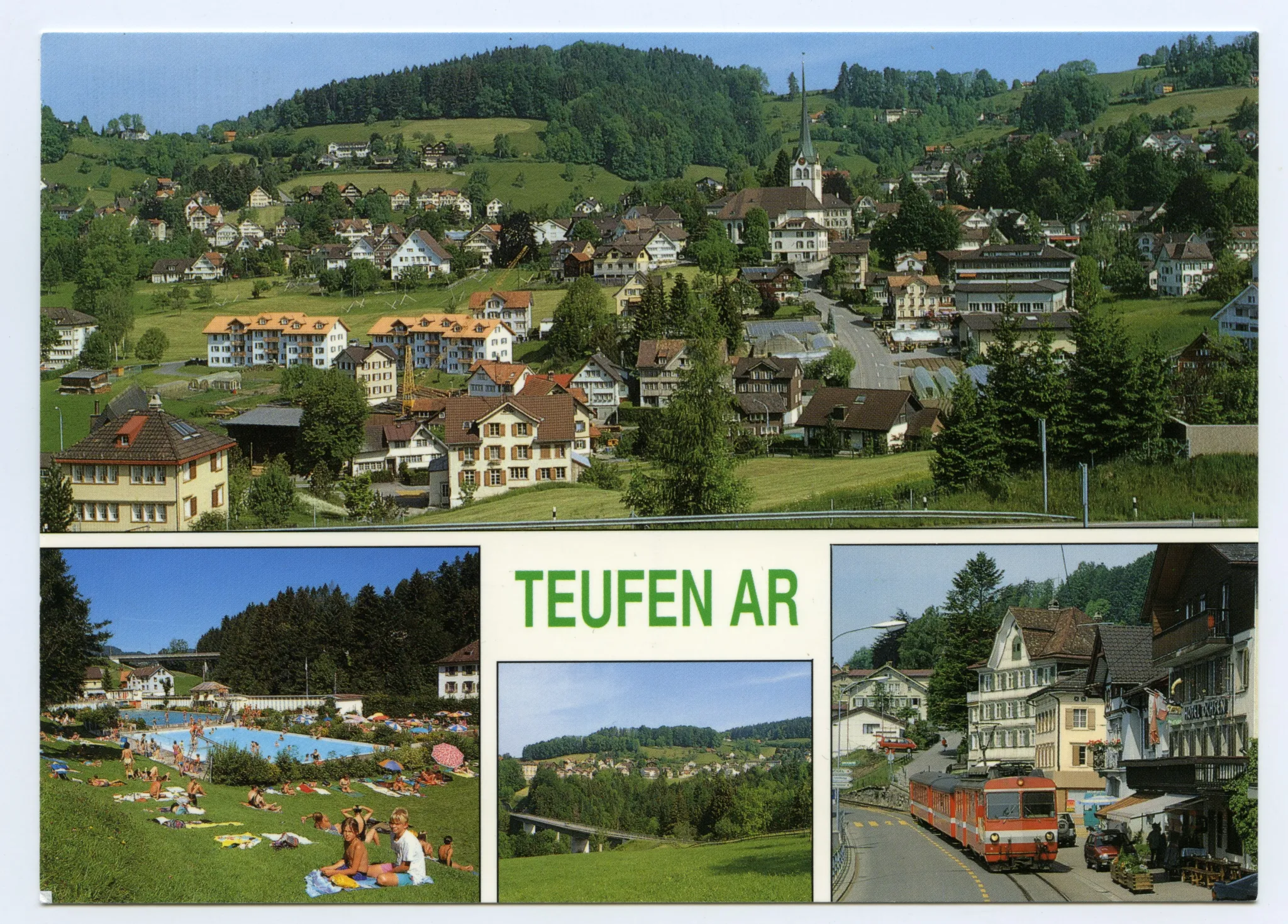 Von links oben im Uhrzeigersinn: Dorfzentrum von Süden; Dorfstrasse bei Hotel Ochsen, mit SGA/AB-Komposition (rot-weiss), Leuenbachbrücke (Umfahrung), Blick zu Stofel/Eggli; Schwimmbad mit neuer Neubrücke