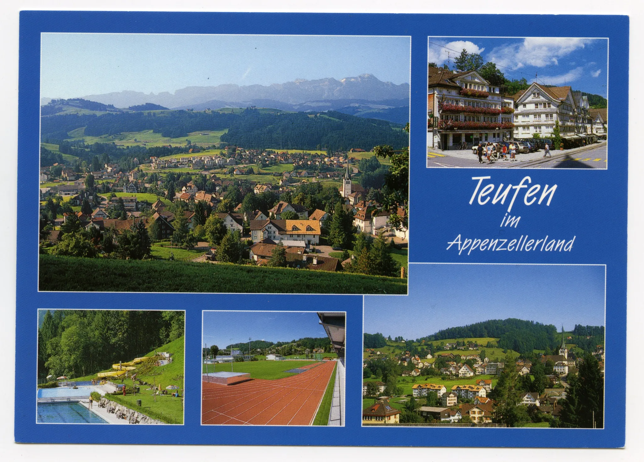 Von links oben im Uhrzeigersinn: Dorfansicht von Norden, mit Alpstein; Ausschnitt Dorfplatz/Dorfstrasse mit „Anker“ und „Adler“; Dorfzentrum von Süden; Sportanlage/Aschenbahn Landhaus; Schwimmbad (Ausschnitt) mit gelber Rutschbahn