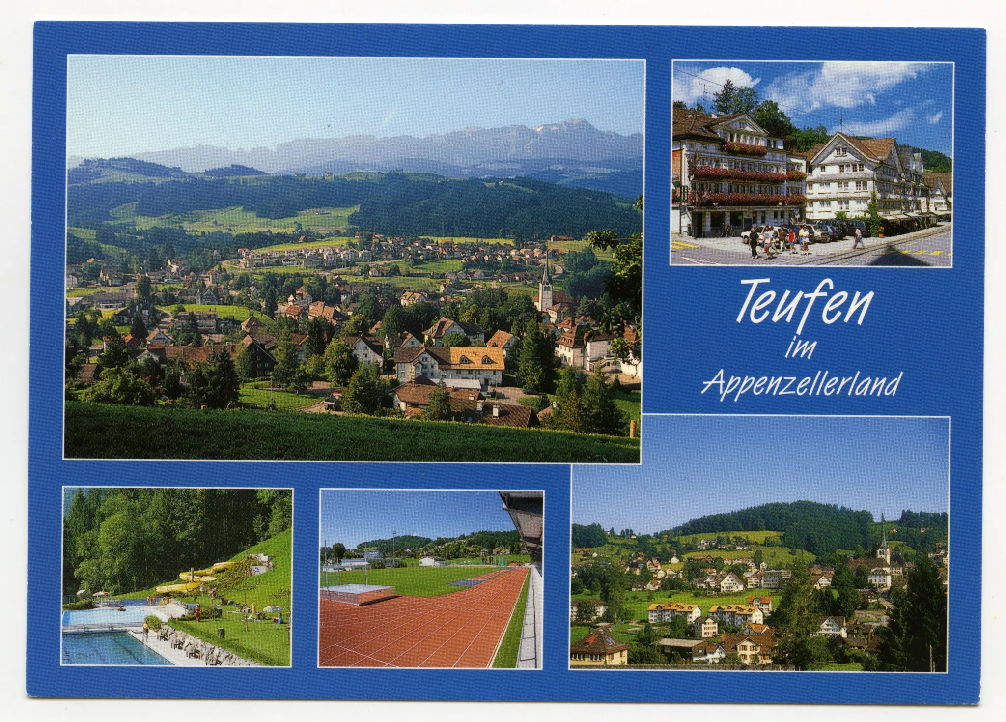 Von links oben im Uhrzeigersinn: Dorfansicht von Norden, mit Alpstein; Ausschnitt Dorfplatz/Dorfstrasse mit „Anker“ und „Adler“; Dorfzentrum von Süden; Sportanlage/Aschenbahn Landhaus; Schwimmbad (Ausschnitt) mit gelber Rutschbahn