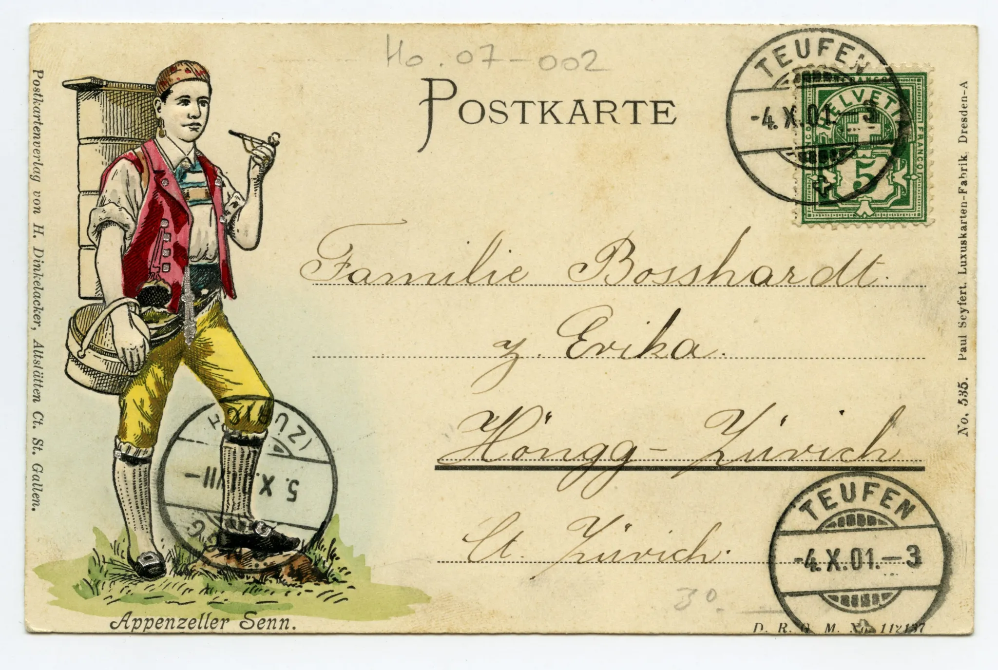 Dorfstrasse Ost von „Anker“/“Adler“ bis Villa Roth. Mit Pferdekutsche (zwei Schimmel) und Einspänner-Fuhrwerk. Rückseite: Gäälhösler Senn mit Brente, Fahreimer, Lindauerli