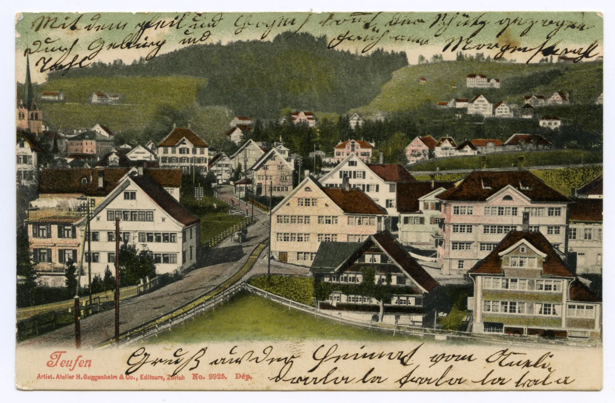 mit Fuhrwerk auf Strasse (Pferd? Ochse?), Blick zu Frölichsegg, Bad Sonder, Grubenmannkirche (z.T.), gleiches Foto wie Ho.07-021 (vgl. Hc.20-14, und Hc.20-15)