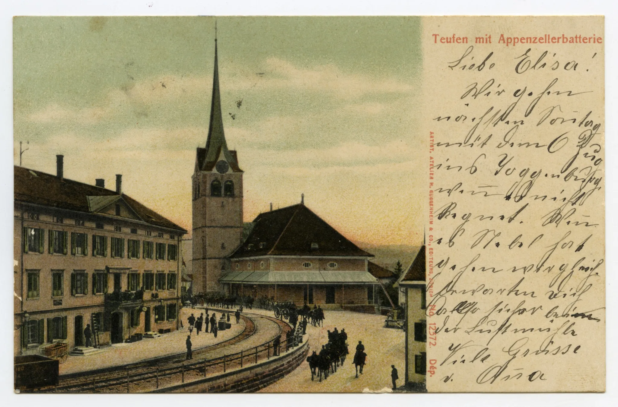 mit altem Bahnhof, Grubenmannkirche, Artillerie auf Strasse, Schaulustige vor Bahnhof und auf Platz (vgl. Hc.07-08)