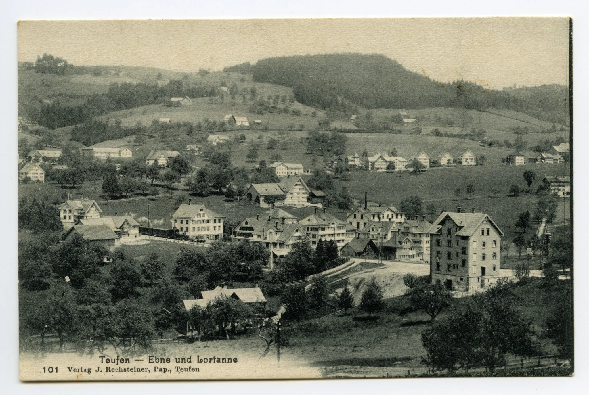 mit Dampfzug-Komposition und Pferdefuhrwerk, Blick zu Lortanne und Eggen-Höhenweg (vgl. Hc.19-02)