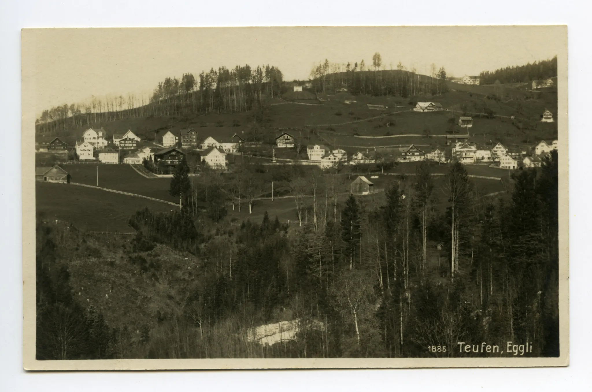 von ennet dem Bachtobel gesehen / Gebiet Bündt, Eggli, Schlipf. Blick zur Frohen Aussicht (vgl. Hc.19-12)