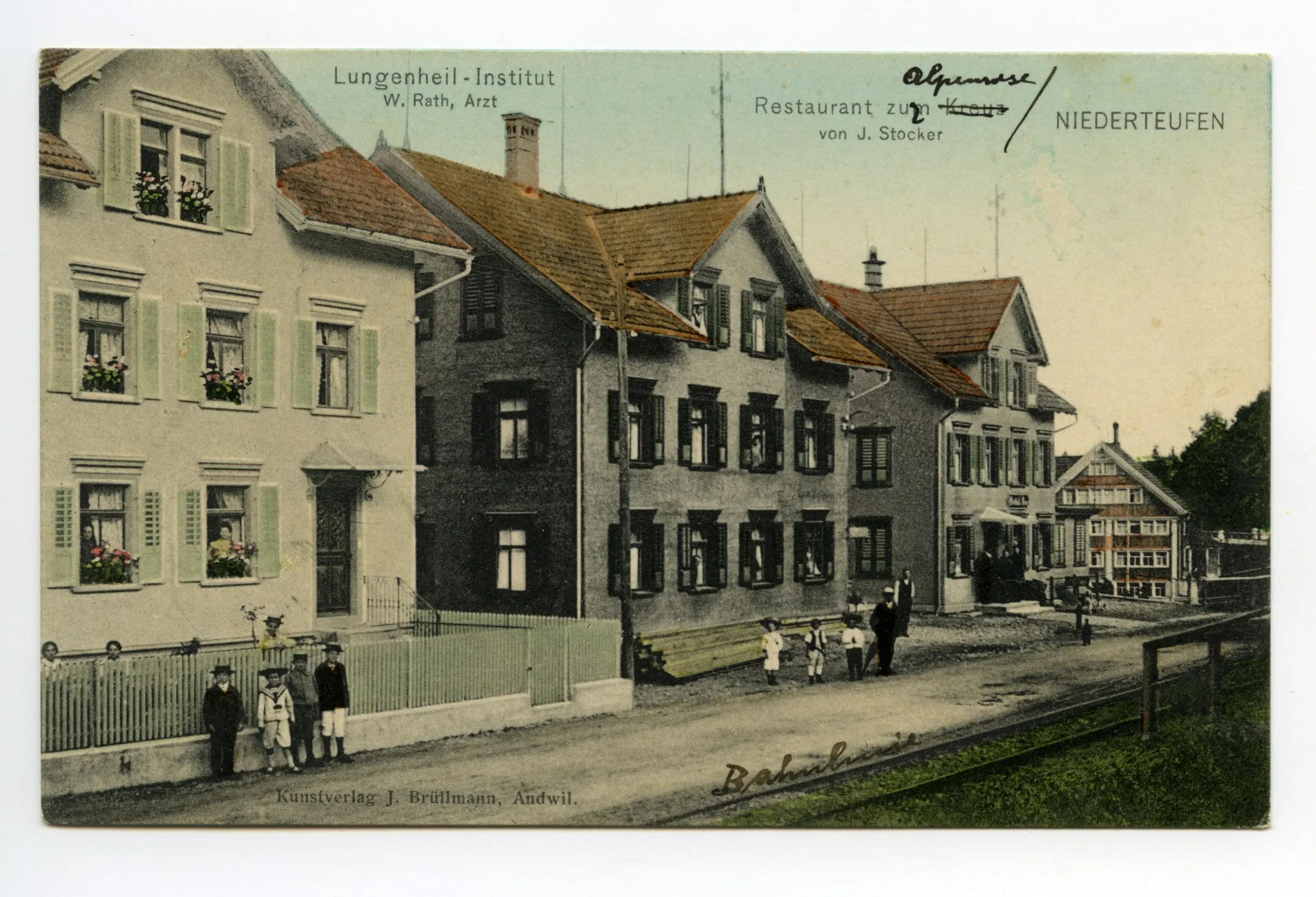 Häusergruppe an Hauptstrasse, Lungenheil-Institut Rath, Restaurant „zum Kreuz“, resp. „zur Alpenrose); Karte 1: sw; Karte 2: col.; Nummer auf Rückseite, unten rechts: „08 53456“