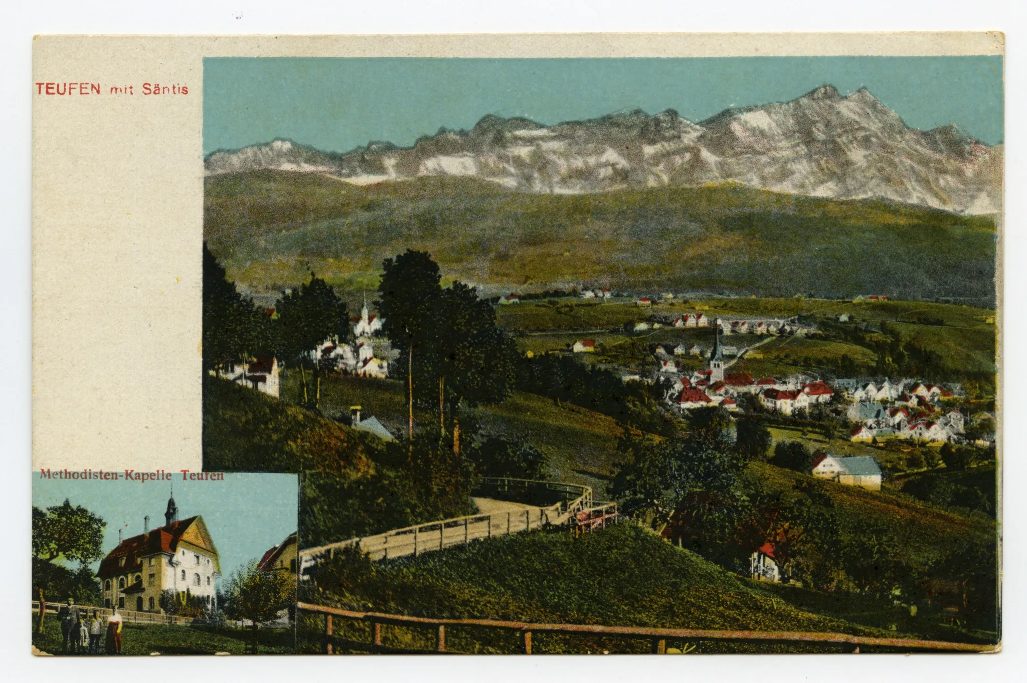 Mehrbildkarte, kleines Foto: Methodistische Kapelle im Werden (beim Hörli), mit Familie Holderegger (Pastor Schaad?) davor; Grosses Foto: Gesamtansicht Teufen von Norden, mit Grubenmannkirche, Hörli-Schulhaus, Schönenbüel. Blick zum Alpstein (vmtl. manipuliert?) (vgl. Hc.13-11)