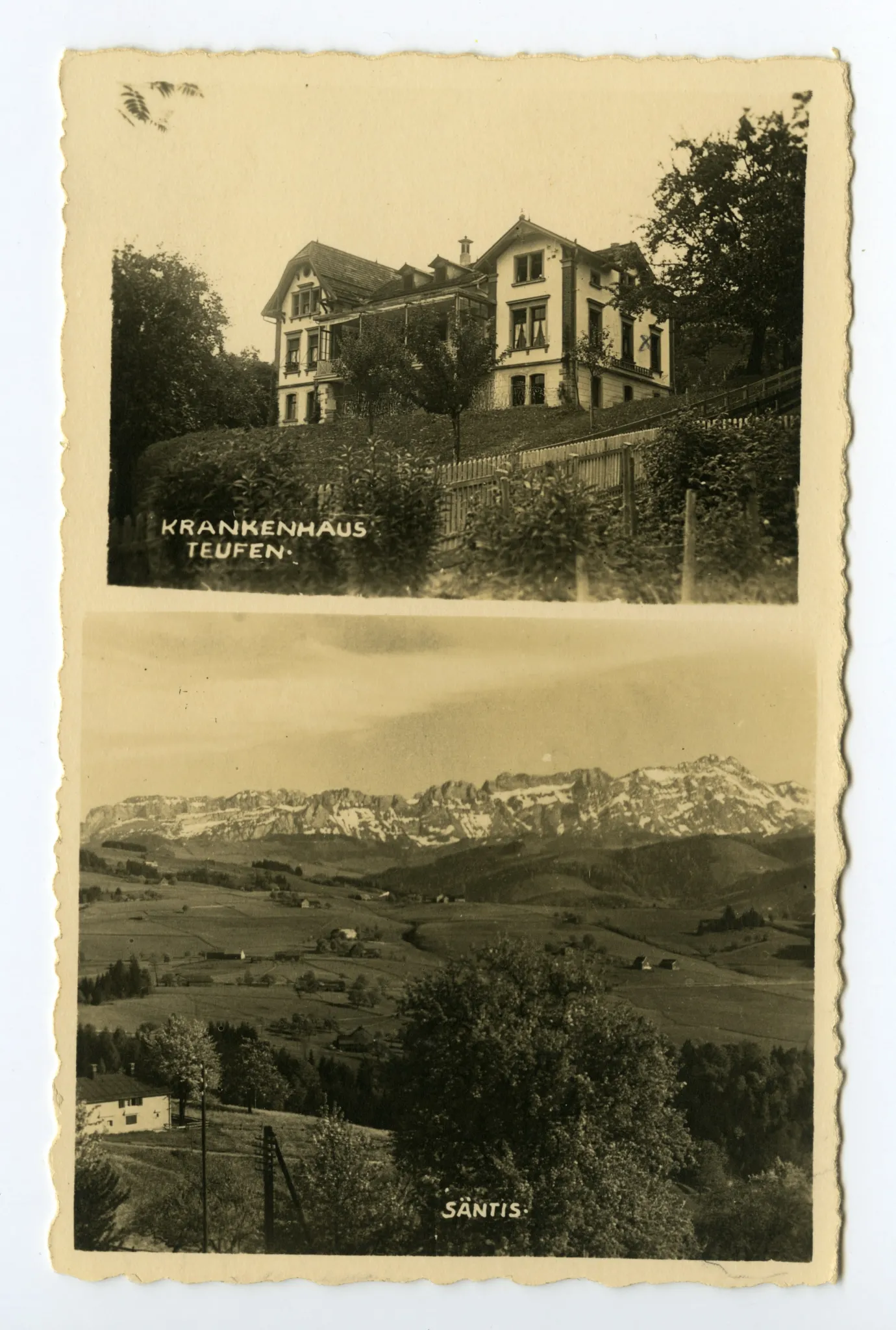 zweigeteilte Karten, Karte 1: oben mit Krankenhaus, Ansicht von Südosten – unten mit Teufen, Ansicht von Nordosten; Karte 2: oben mit Krankenhaus, Ansicht von Südosten – unten mit Alpsteinkette, Ansicht von Norden; Karte 3: oben mit Krankenhaus, Ansicht von Südosten – unten mit Teufen, Bad Sonder und Schäflisegg, Ansicht von Südosten