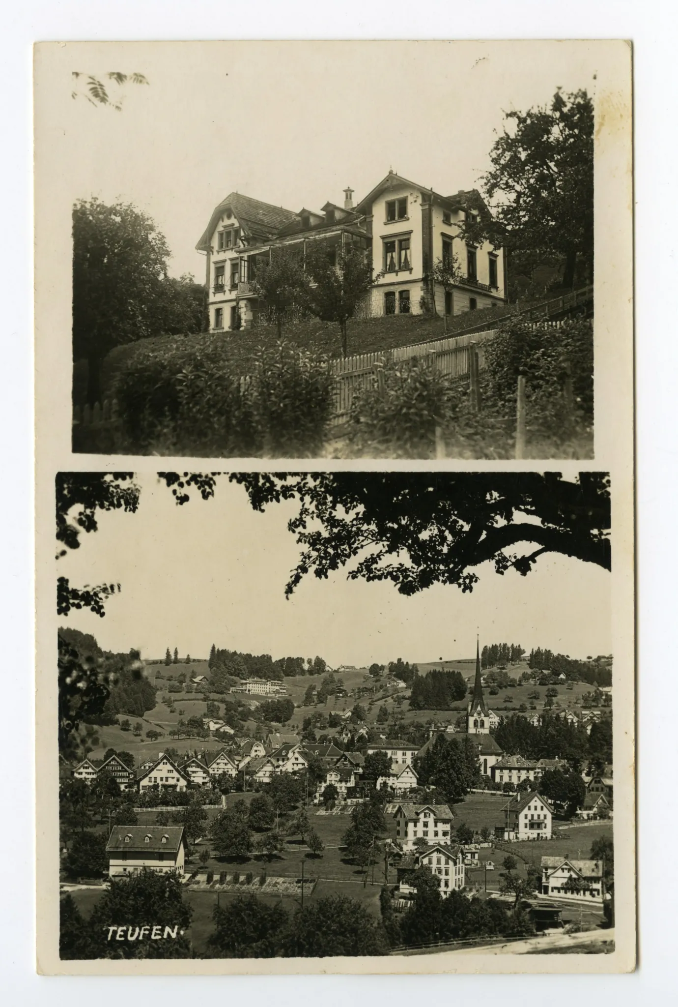 zweigeteilte Karten, Karte 1: oben mit Krankenhaus, Ansicht von Südosten – unten mit Teufen, Ansicht von Nordosten; Karte 2: oben mit Krankenhaus, Ansicht von Südosten – unten mit Alpsteinkette, Ansicht von Norden; Karte 3: oben mit Krankenhaus, Ansicht von Südosten – unten mit Teufen, Bad Sonder und Schäflisegg, Ansicht von Südosten