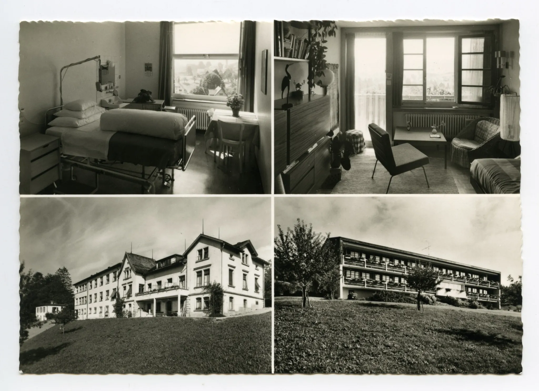 Mehrbildaufnahme, 1. Spitalzimmer - Innenansicht, 2. Schwesternzimmer – Innenansicht, 3. Krankenhaus mit Anbau – Ansicht aus Südwesten, 4. Schwesternhaus – Ansicht aus Süden; (Karte schon vorhanden: Hc.07-04)