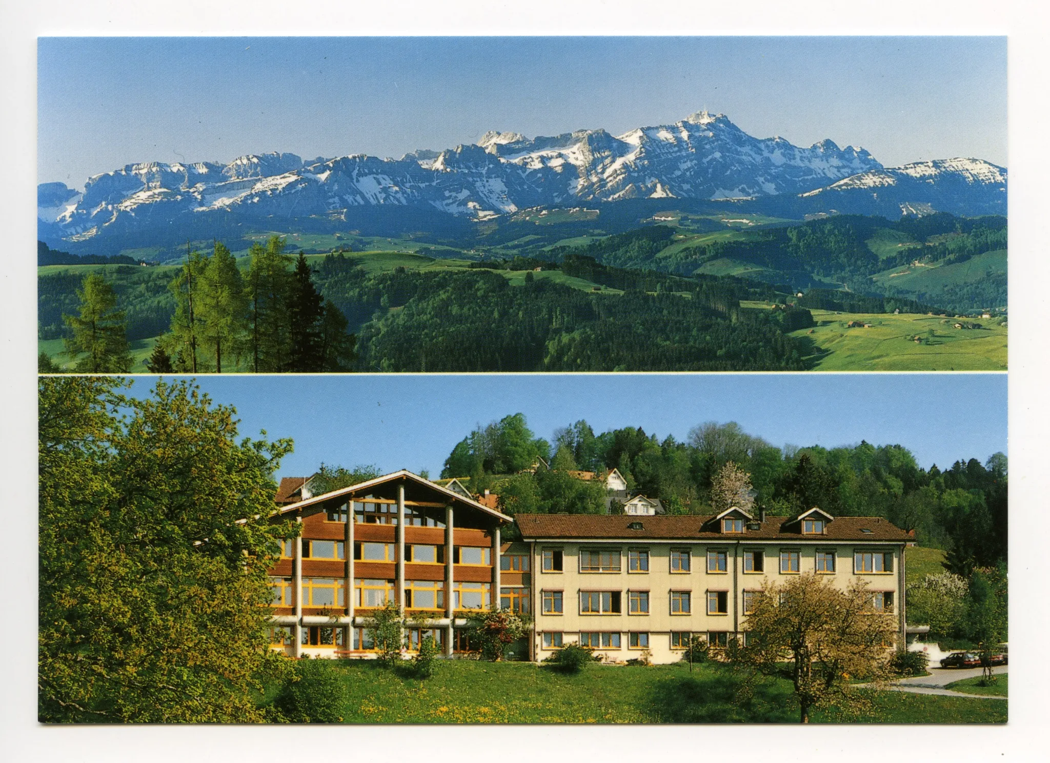 Mehrbildkarte: oben: Alpsteinkette, Ansicht von Nordosten, unten: Krankenhaus, Neubauoben: Alpsteinkette, Ansicht von Nordosten, unten: Krankenhaus, Neubau