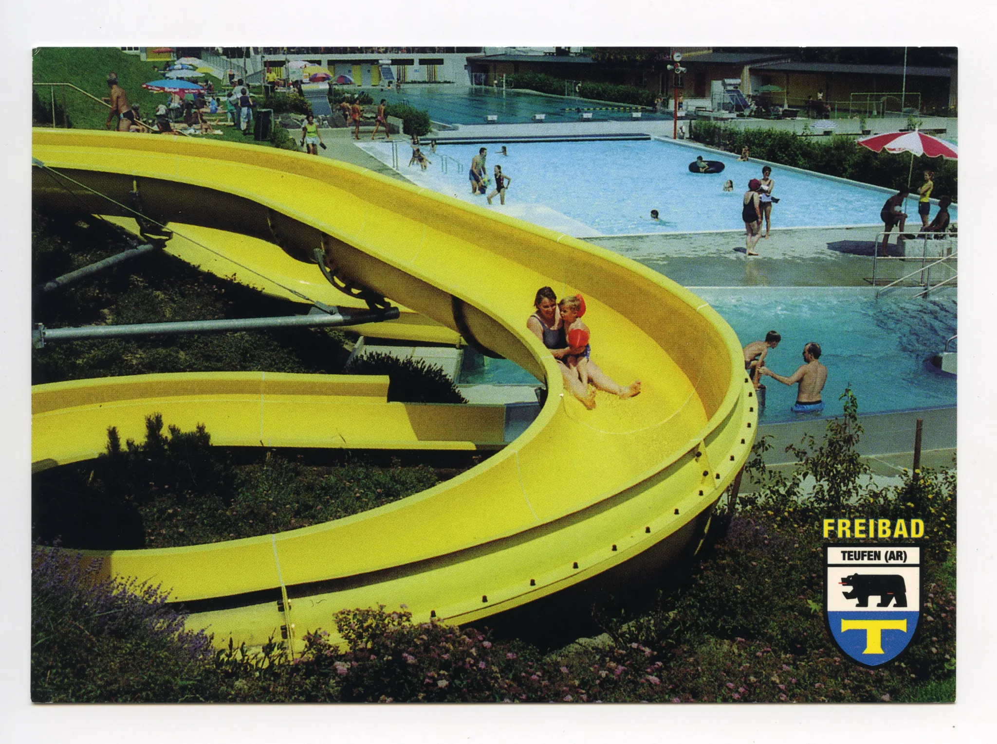 Freibad, Ansicht mit Rutsche, Serie von Karten