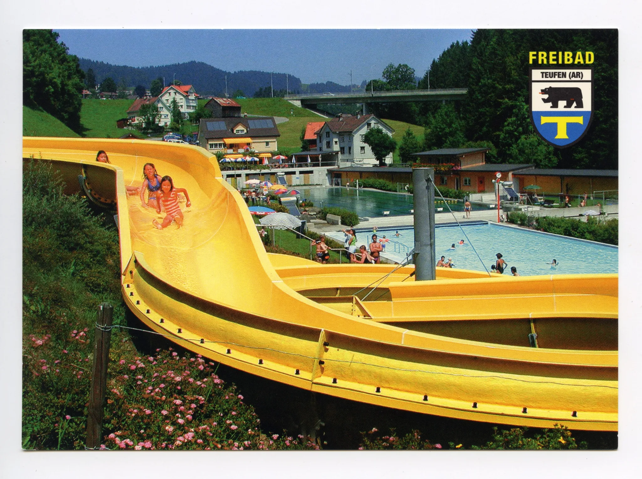 Freibad, Ansicht mit Rutsche, Serie von Karten