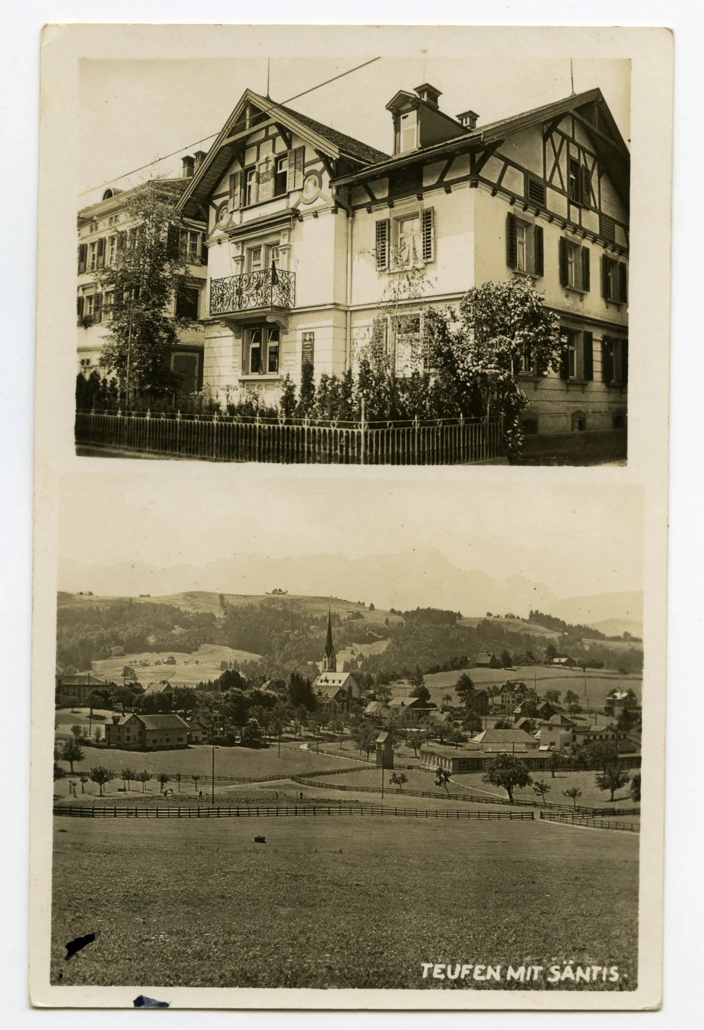 Karte mit zwei Ansichten: oben: Haus Alpina, unten: Ansicht von Teufen mit alter katholischer Kirche aus Nordosten, mit Säntis im Hintergrund