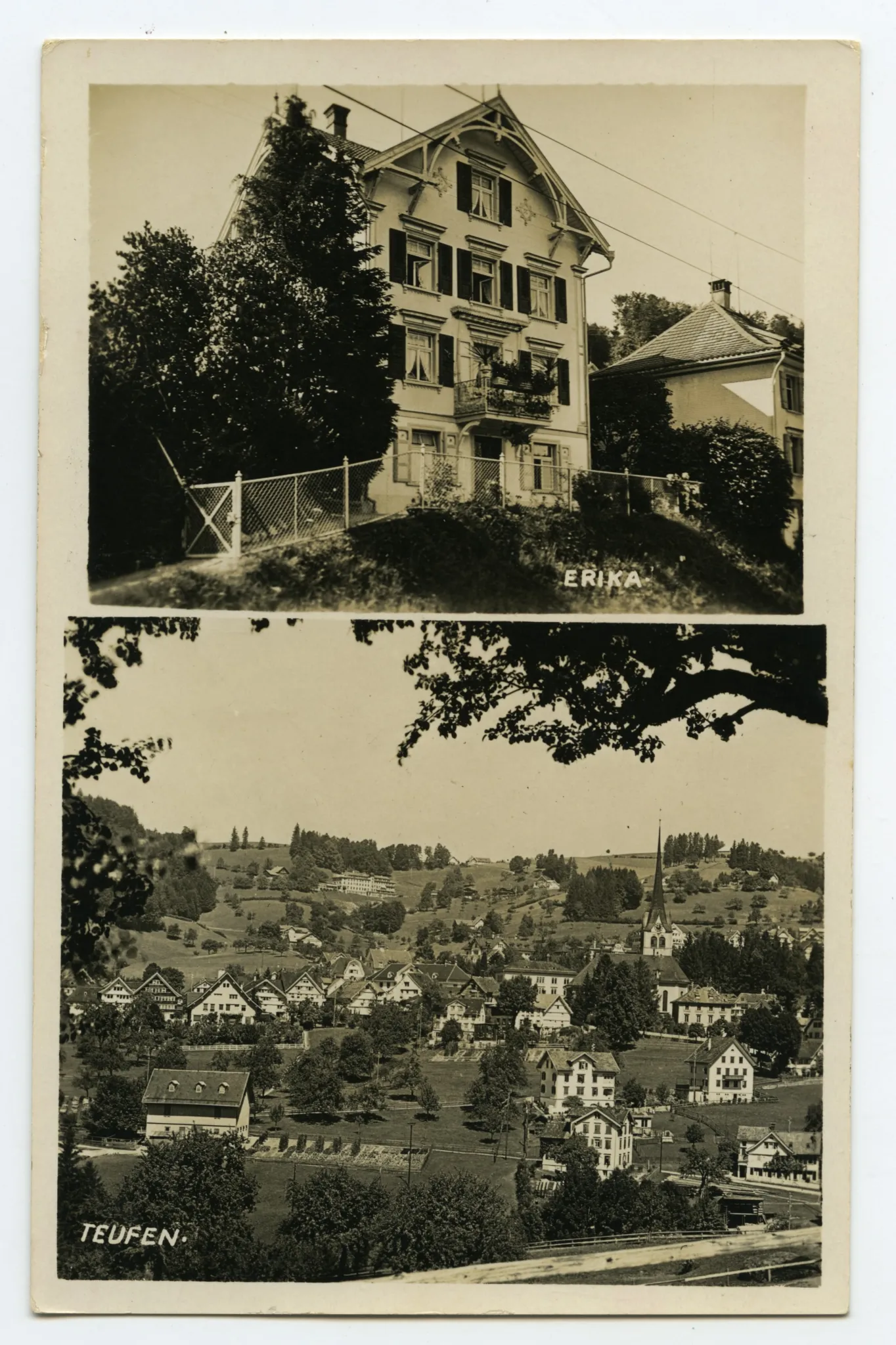 Doppelbildkarte, oben: Ansicht Haus Erika, unten: Ansicht von Teufen aus Süden mit evang. Kirche und Blick Richtung Bad Sonder und Eggen