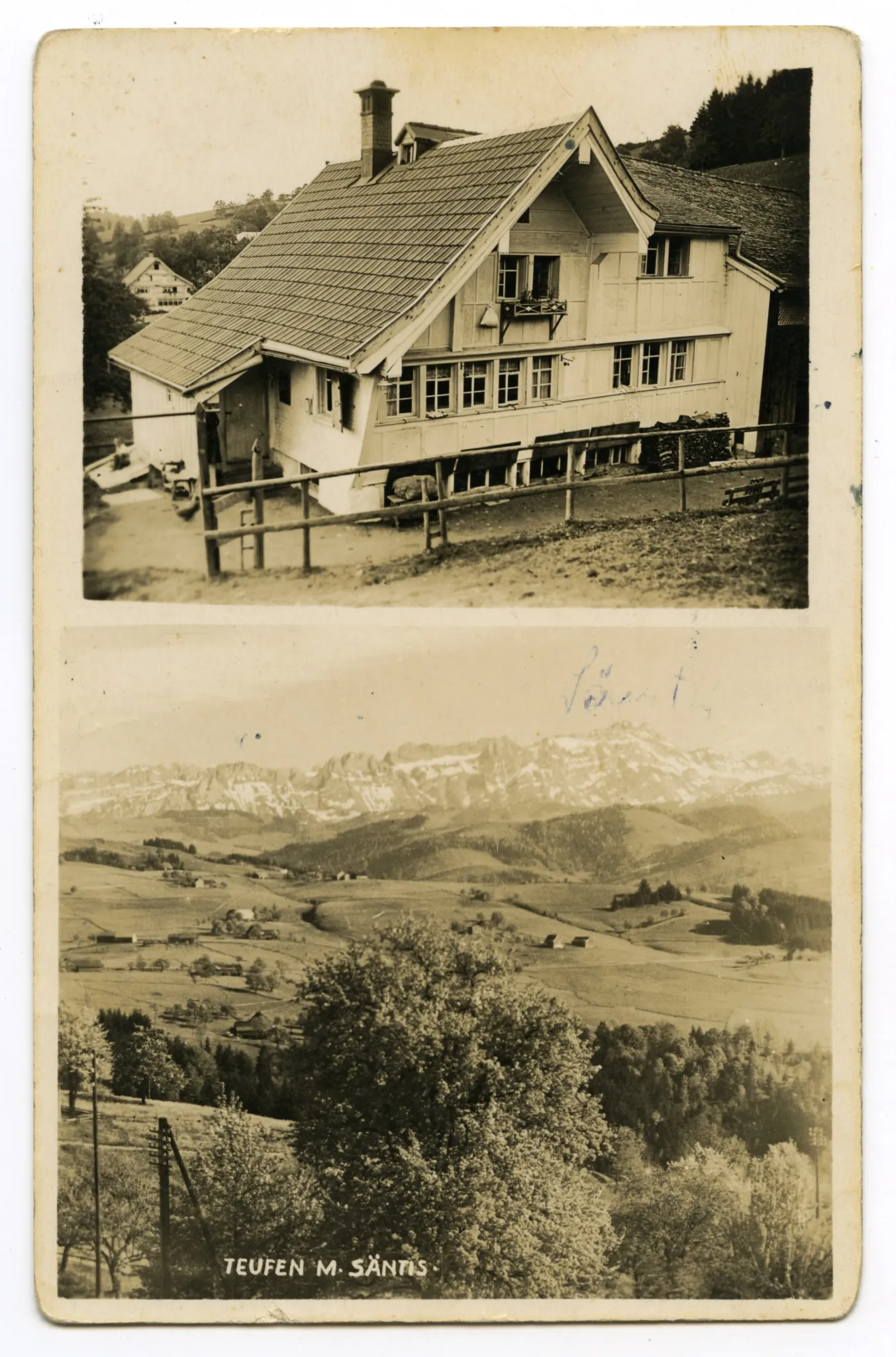 Karte 1: Karte mit zwei Ansichten: oben: Haus Kohlgaden unten: Blick auf Säntis von Nordwest; Karte 2: Ansicht mit weiteren Häusern im Hintergrund
