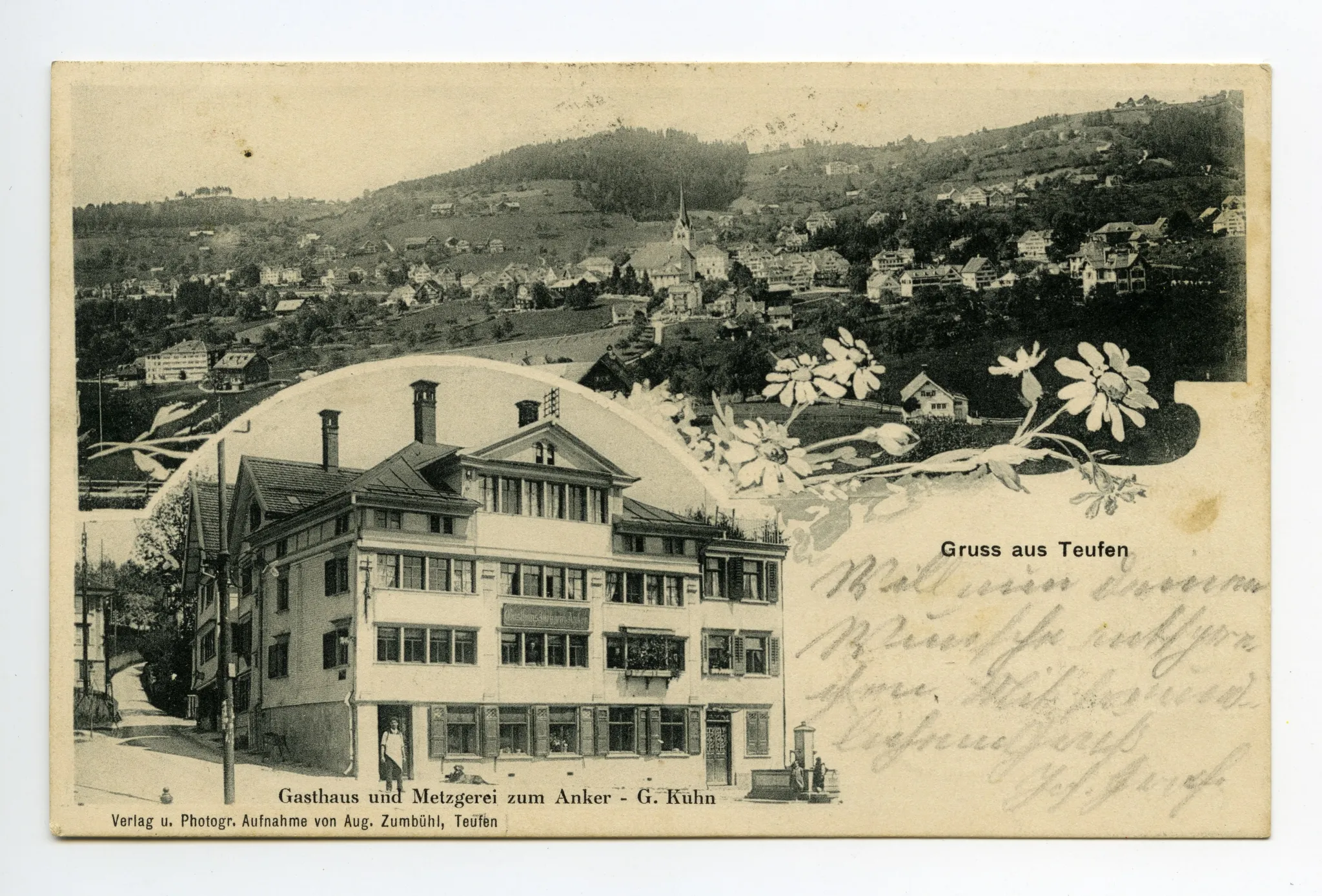 Mehrbildpostkarte: Einzelansicht mit Restaurant und Gesamtansicht von Teufen (vgl. Hc.08-42)
