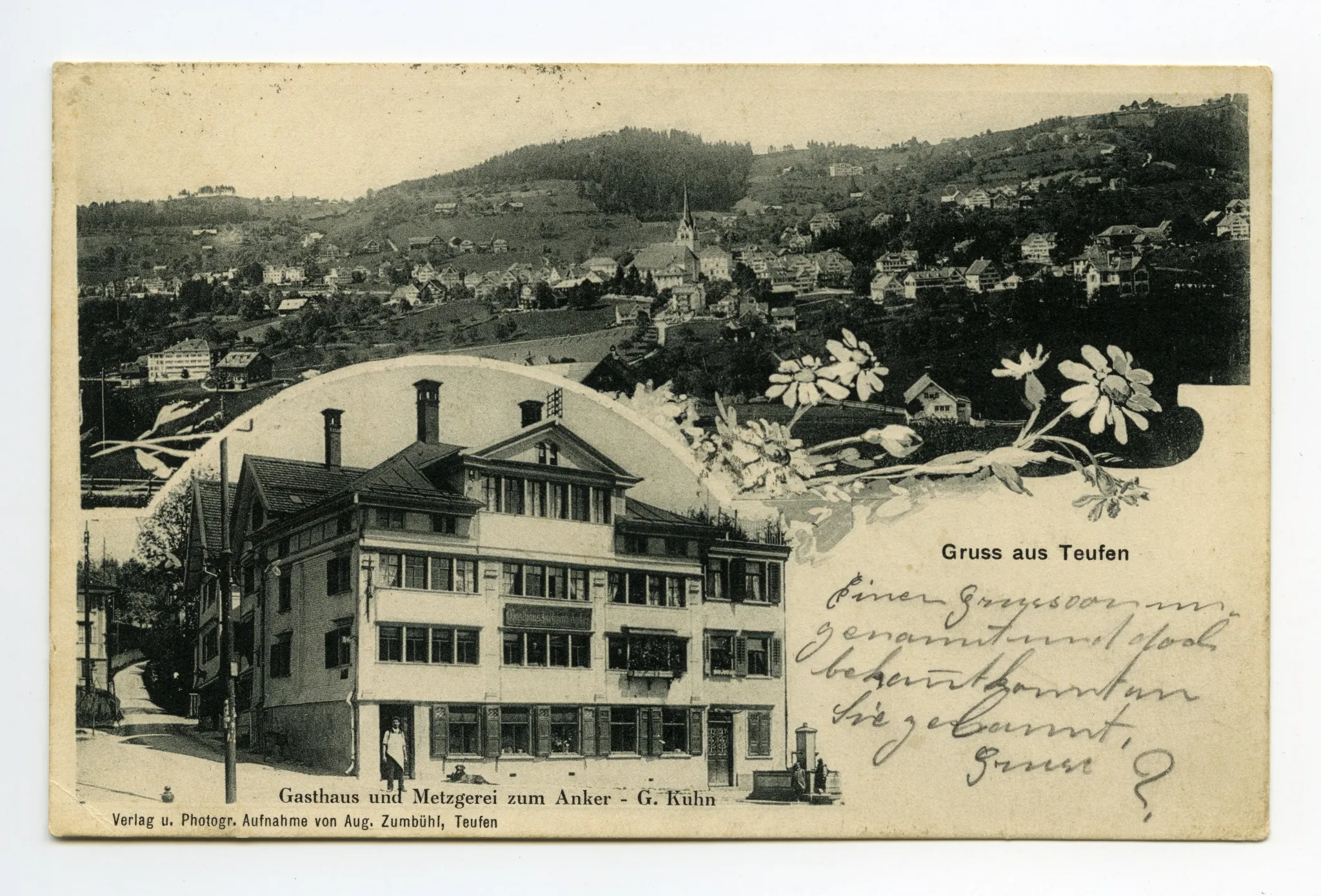 Mehrbildpostkarte: Einzelansicht mit Restaurant und Gesamtansicht von Teufen (vgl. Hc.08-42)