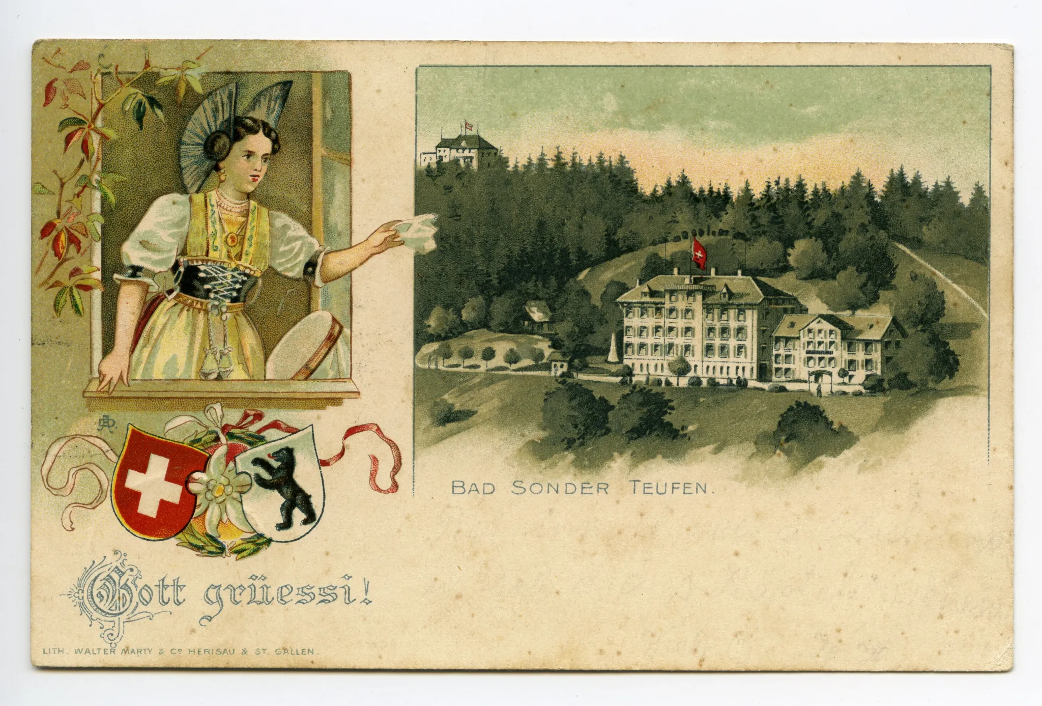 Mehrbildpostkarte: Einzelbild links: Schmuckbild mit Appenzellerin in Tracht; Einzelbild rechts: Ansicht von Bad Sonder von Süden mit Fröhlichsegg im Hintergrund (vgl. Ho.20-013)