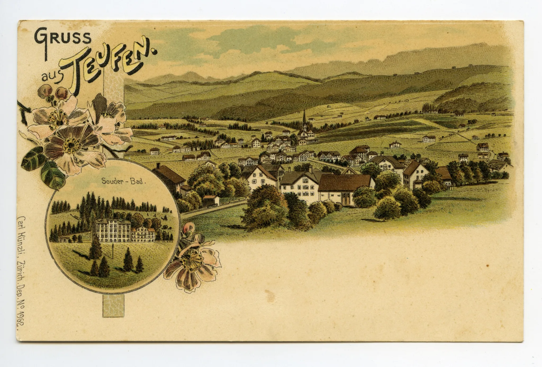 Mehrbildpostkarte: Ansicht Bad Sonder im Rundbild, Gesamtansicht Teufen von Norden mit alter kath. Kirche
