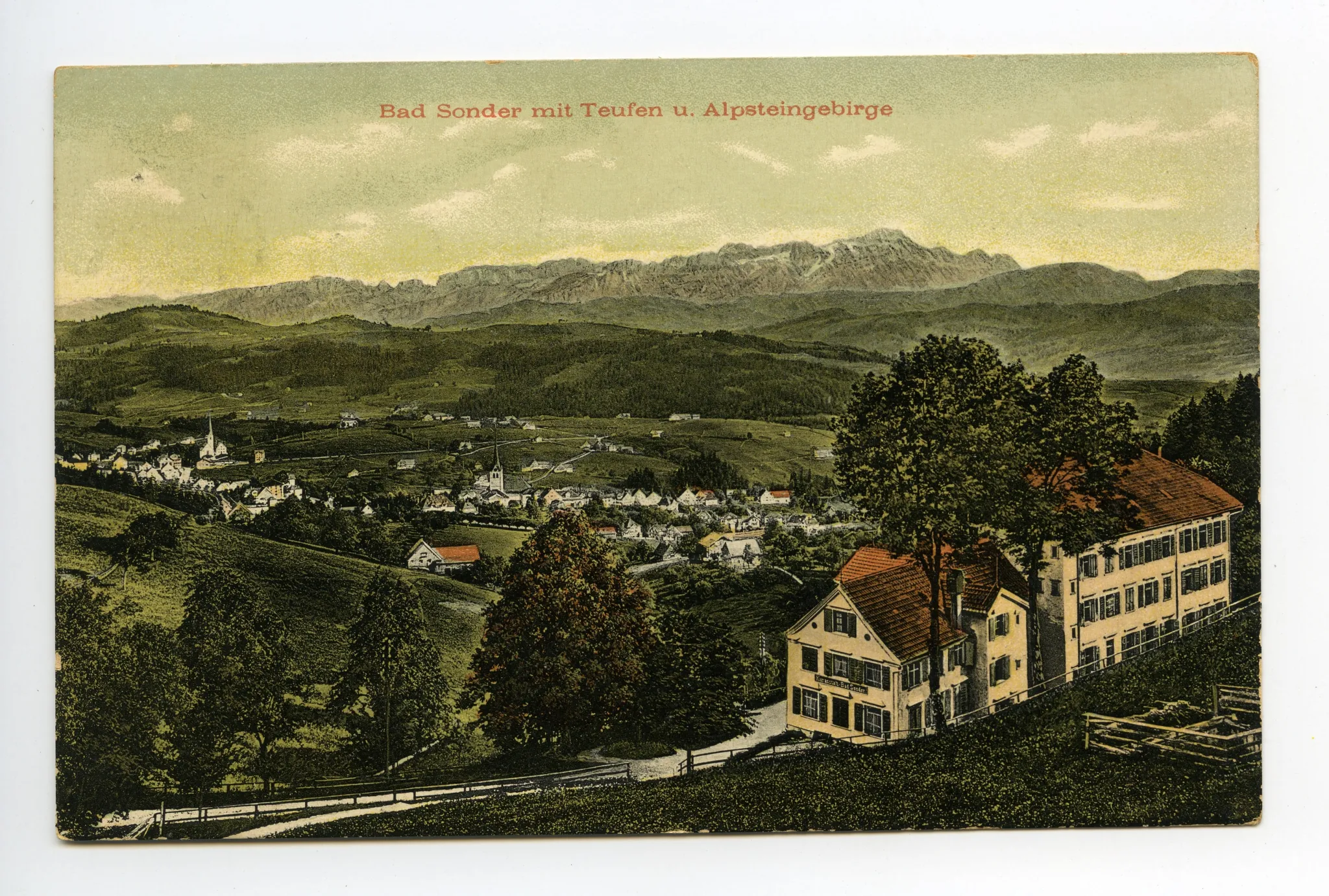 Ansicht aus Norden (Rückseite des Kurhauses) aus Teufen mit Grubenmannkirche und alte kath. Kirche