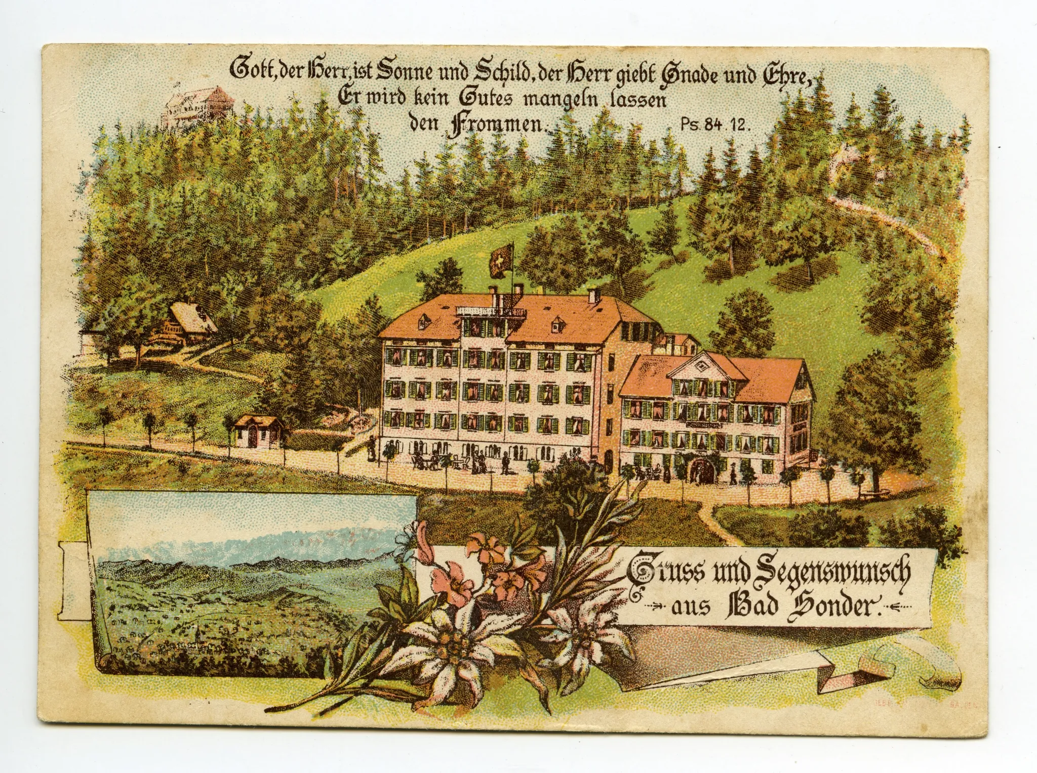 Mehrbildpostkarte: Hauptbild: Ansicht von Bad Sonder und oberhalb Restaurant Fröhlichsegg; kleines Schmuckbild: schemahafte Ansicht von Teufen mit Alpstein