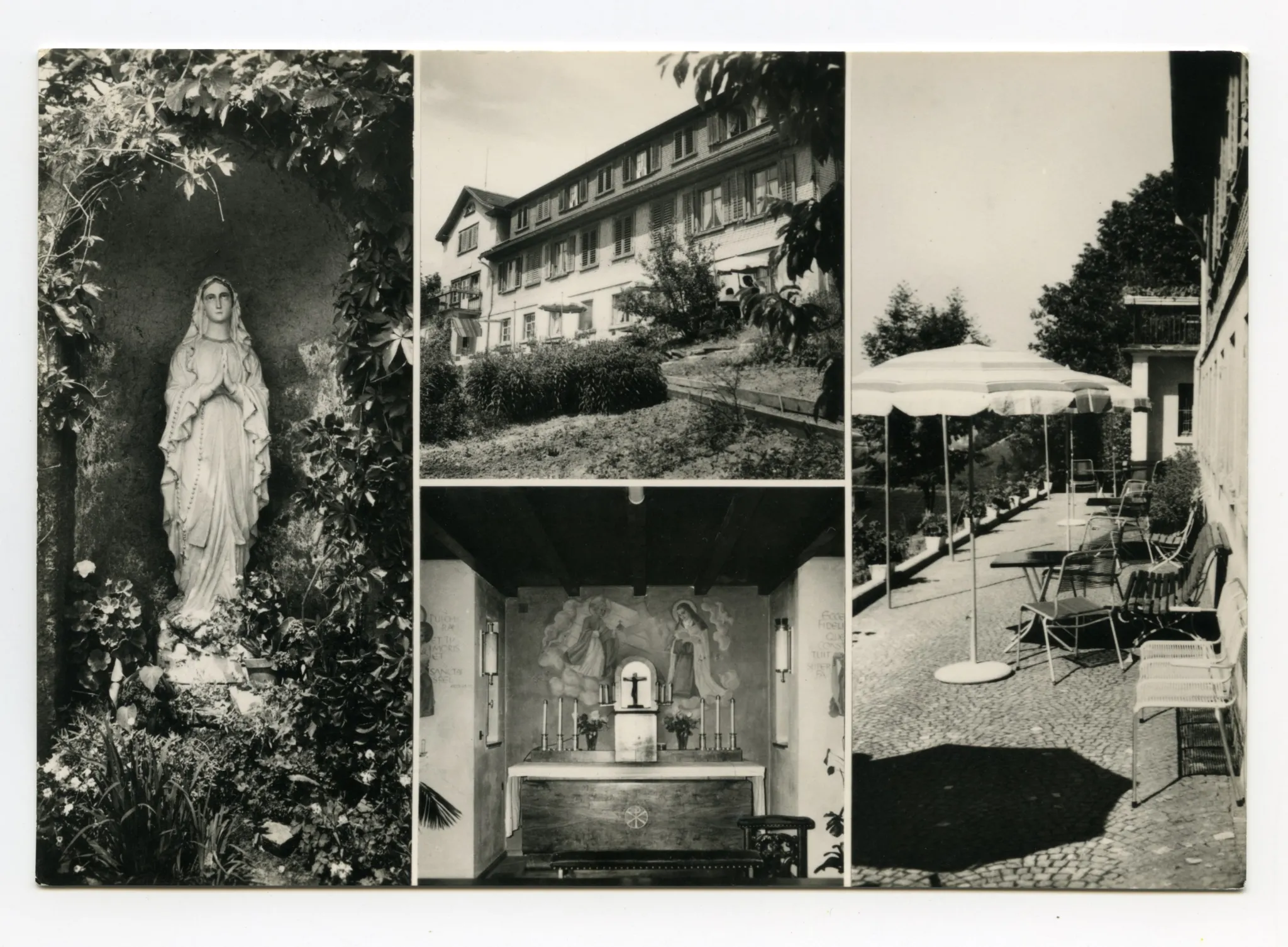 Mehrbildpostkarte: Marienstatue, Aussenansicht, Innenansicht mit Kapelle, Ansicht vom Sitzplatz