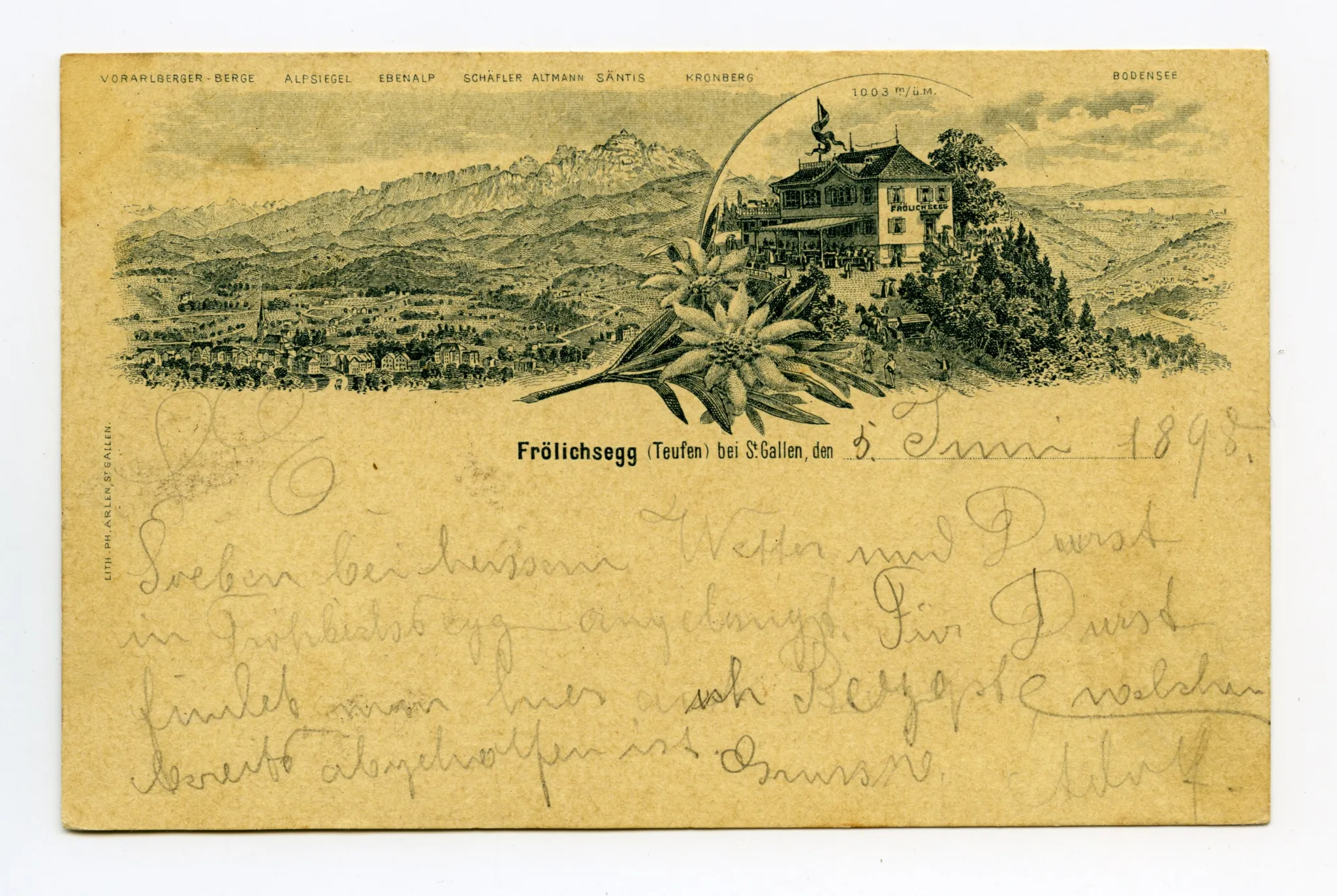 Schmuckgrusskarte mit Panoramablick auf Teufen und Alpsteinkette (mit Beschriftung der Bergspitzen), kam 1964 in den Besitz der Gemeinde und wurde darauf abgerissen