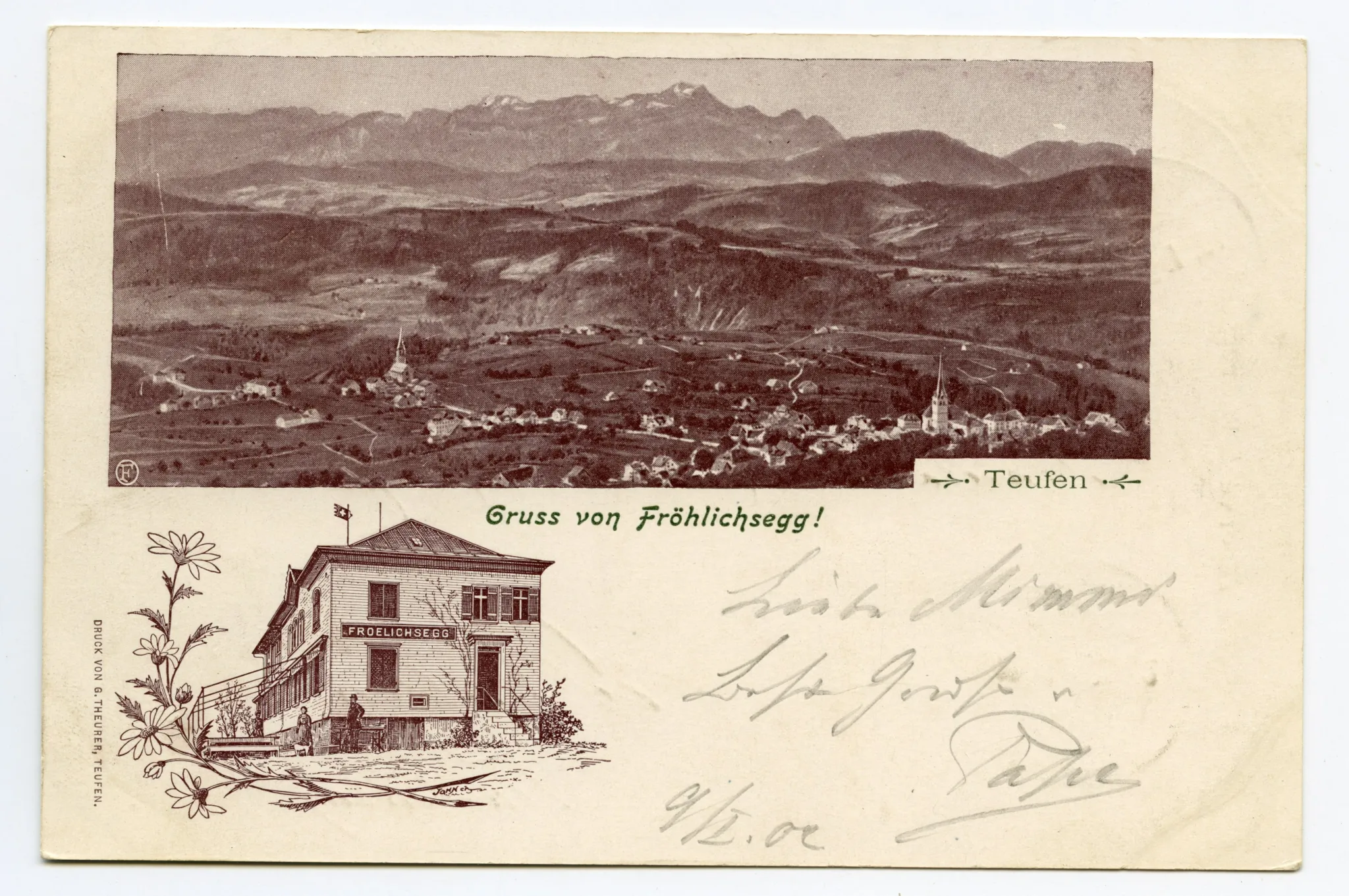 Grusskarte mit Panoramablick auf Teufen und Alpstein, Restaurant gezeichnet von Osten