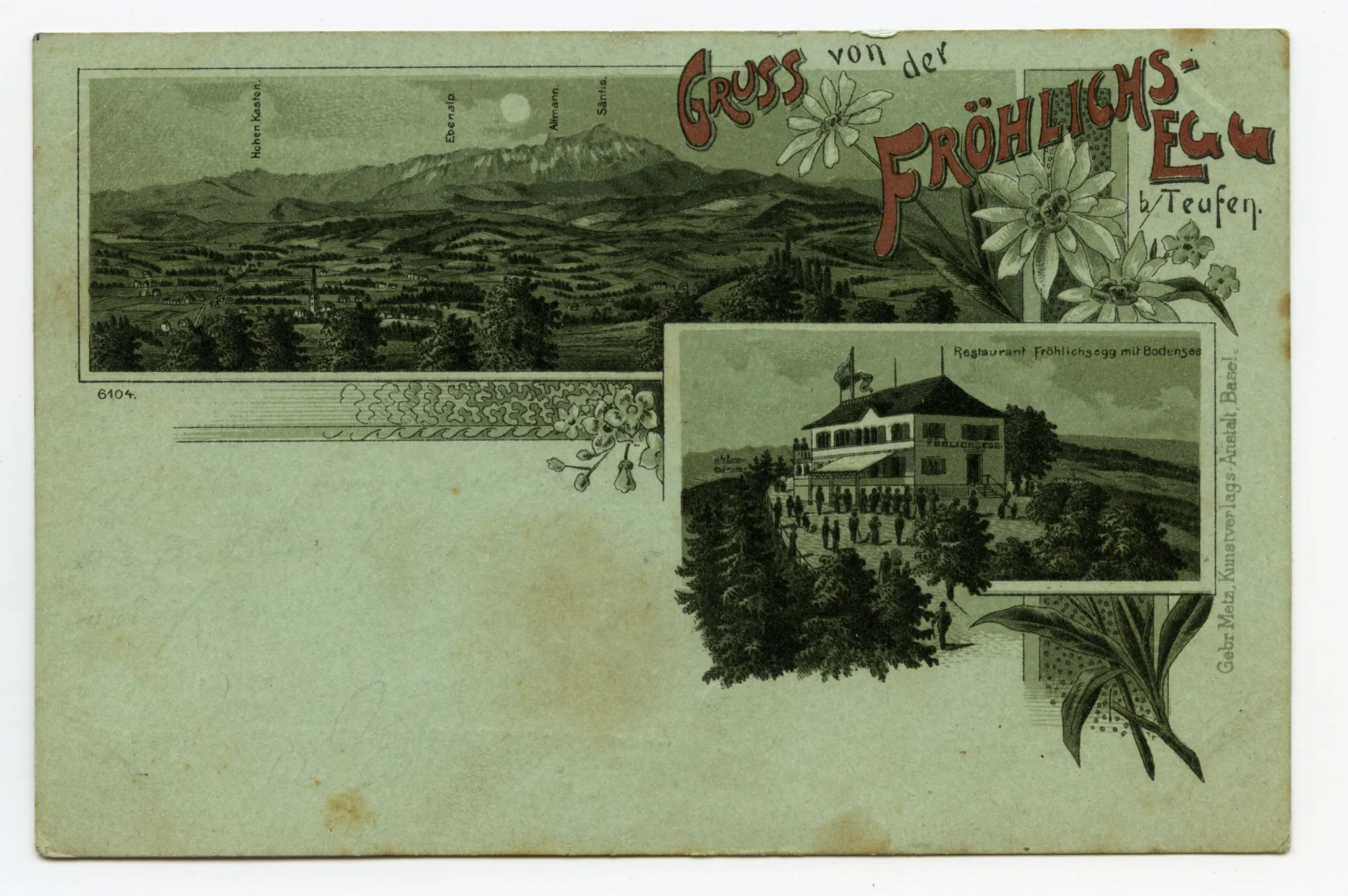 Schmuckgrusskarte mit Panoramablick auf Teufen mit evang. Kirche und Alpstein (vgl. Hc.08-22, identisch, Stempel 1899, aber; Alpsteinkette nicht angeschrieben)