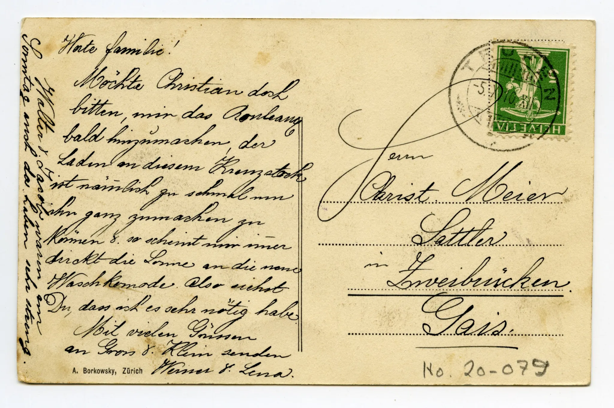 Doppelpostkarte, oben: Konditorei Indlekofer (heute Hauptstrasse 21), mit Personal vor dem Restaurant, unten: Ansicht von Fröhlichsegg von Südosten