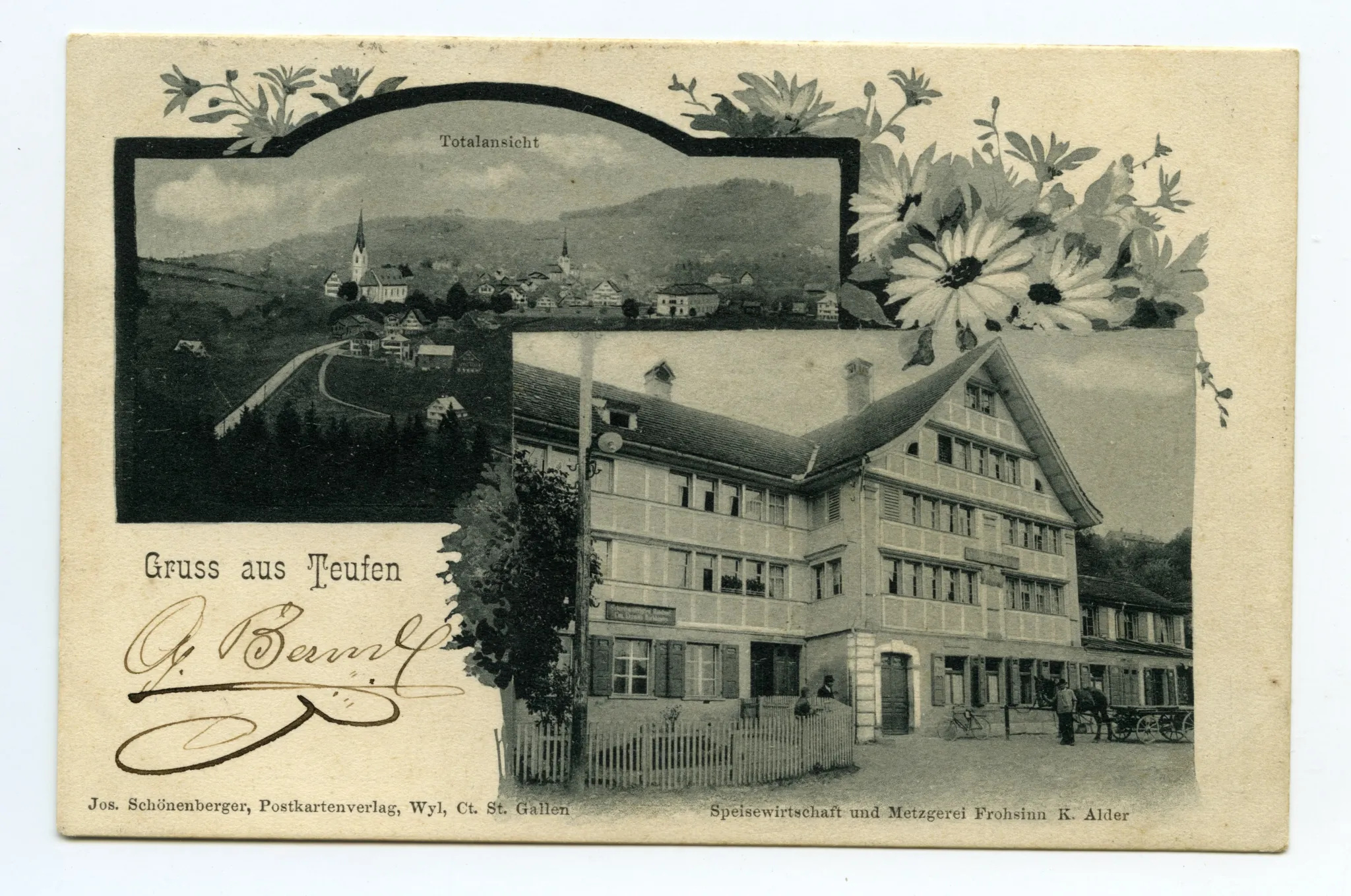 Schmuckgrusskarte, Ansicht vom Restaurant, Totalansicht von Teufen aus Südosten mit evang. und alter kath. Kirche (vgl. Hc.08-54, Karte identisch)