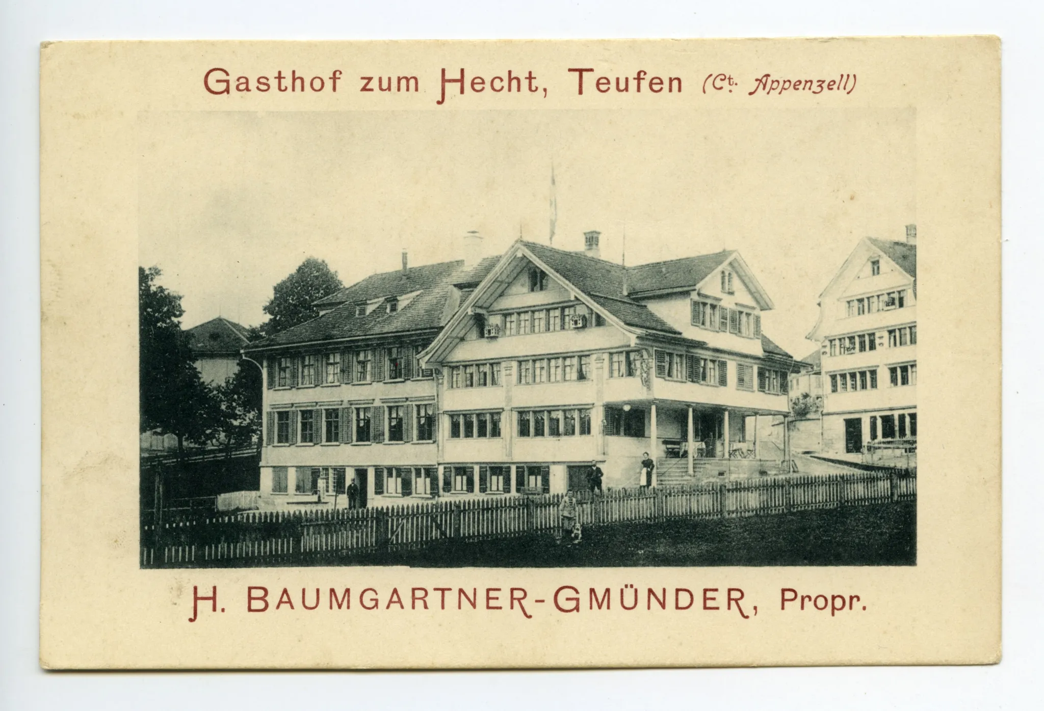 Ansicht aus Südosten mit Eigentümer? vor dem Haus, Kartenrückseite gleich Bestellschein