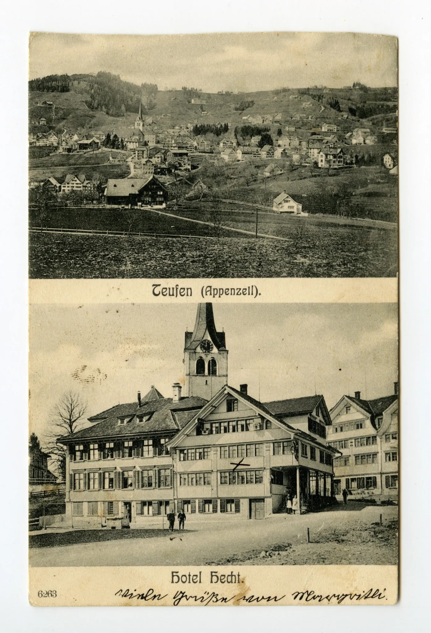 Doppelansicht, oben: Teufen aus Süden, unten: Gasthaus aus Südwesten mit evang. Kirchturm; Karte 1:(vgl. Ho.20-122(2)); Karte 2:(vgl. Ho.20-122(1))