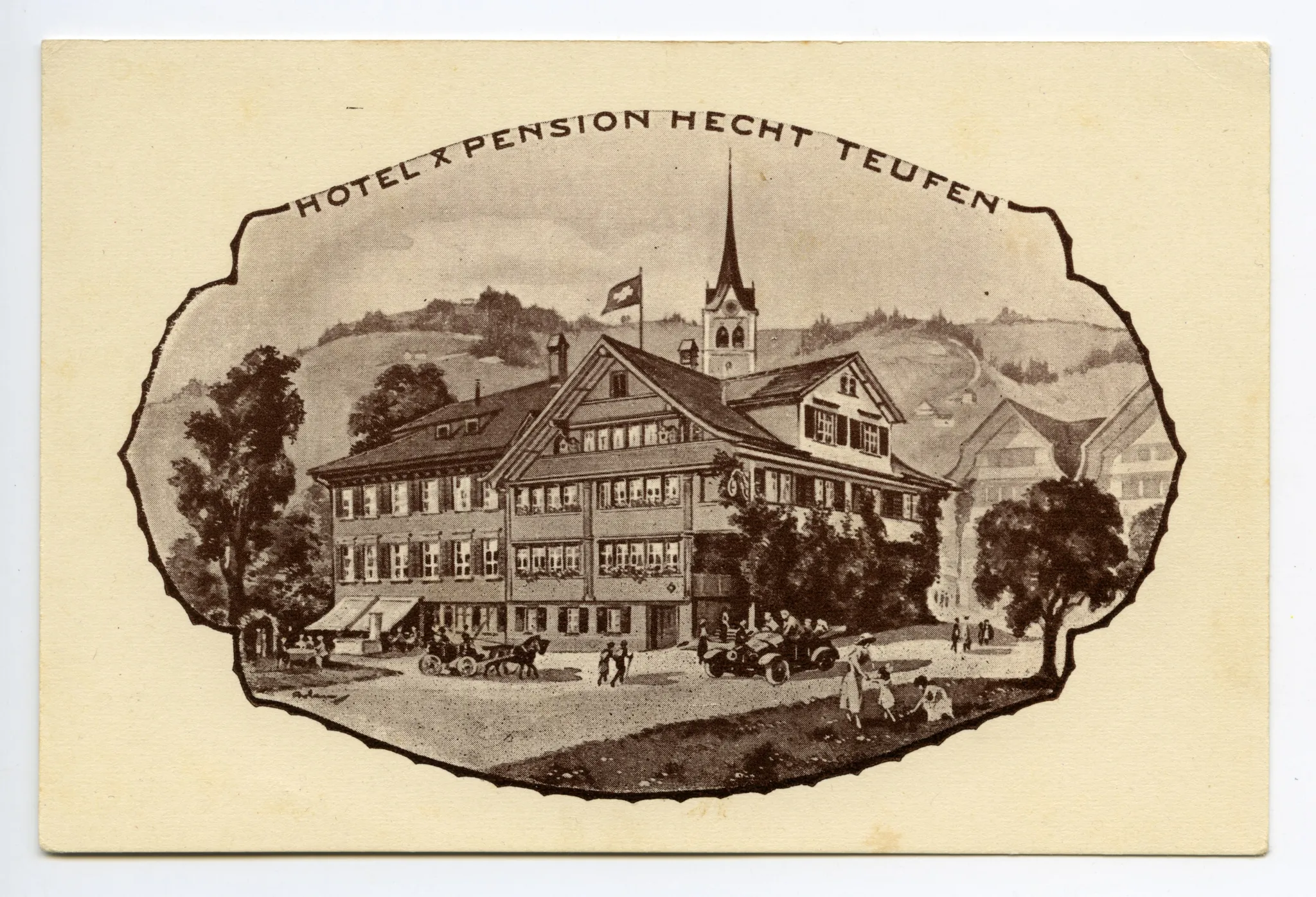 Ansicht im gezackten Kreis mit evang. Kirchturm im Hintergrund und Hügel Richtung Fröhlichsegg (gedruckt nach gemalter Vorlage?) (vgl. Hc.08-05, identisch, Stempel 1924)